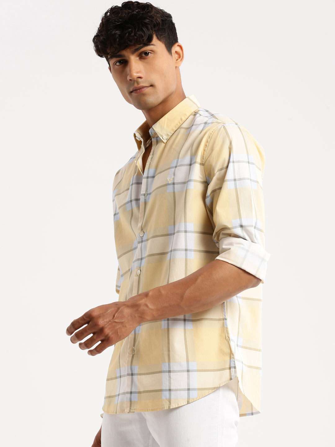 Men's Yellow Standard Slim Fit Windowpane Checked Cotton Casual Shirt