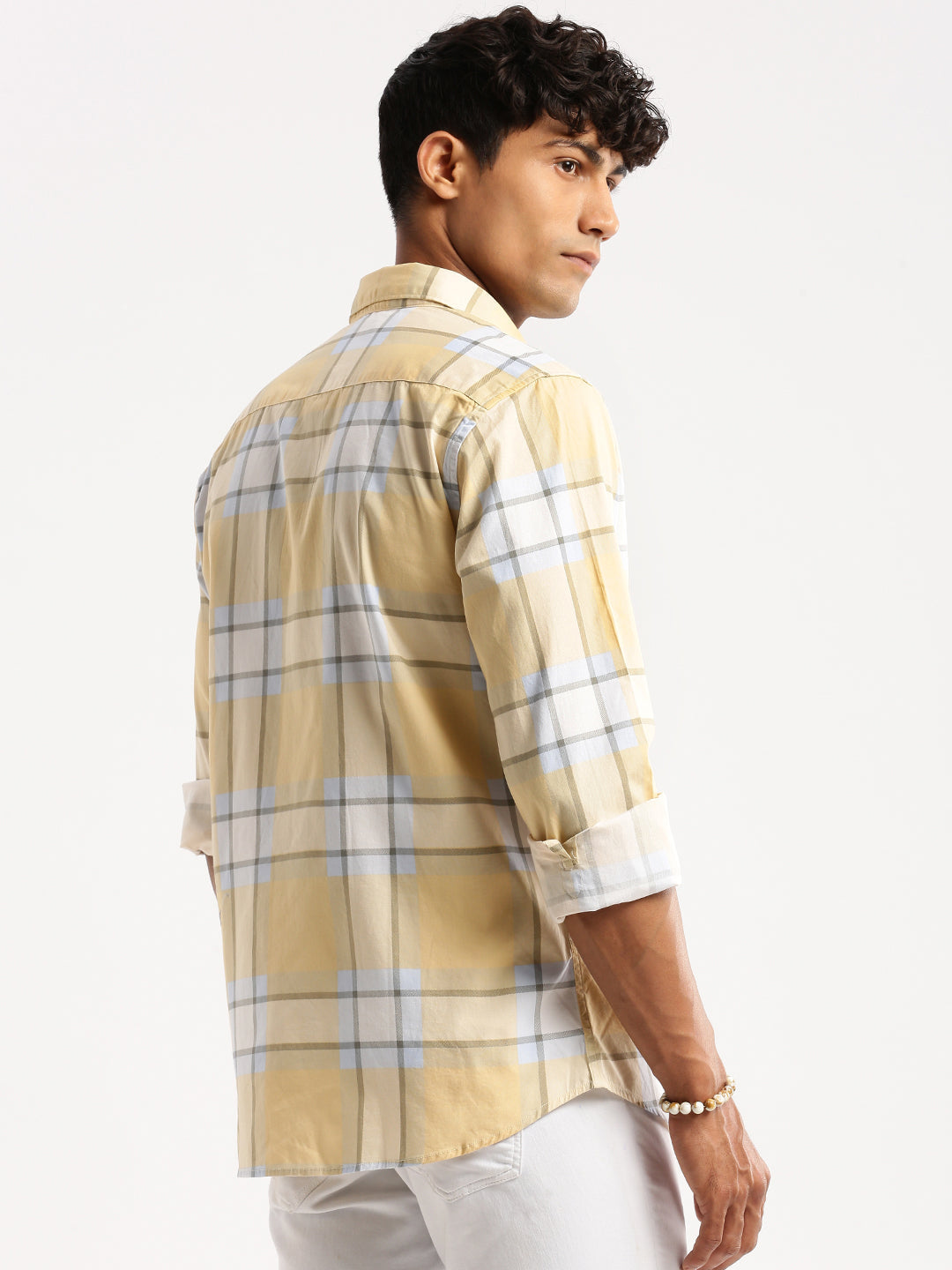 Men's Yellow Standard Slim Fit Windowpane Checked Cotton Casual Shirt