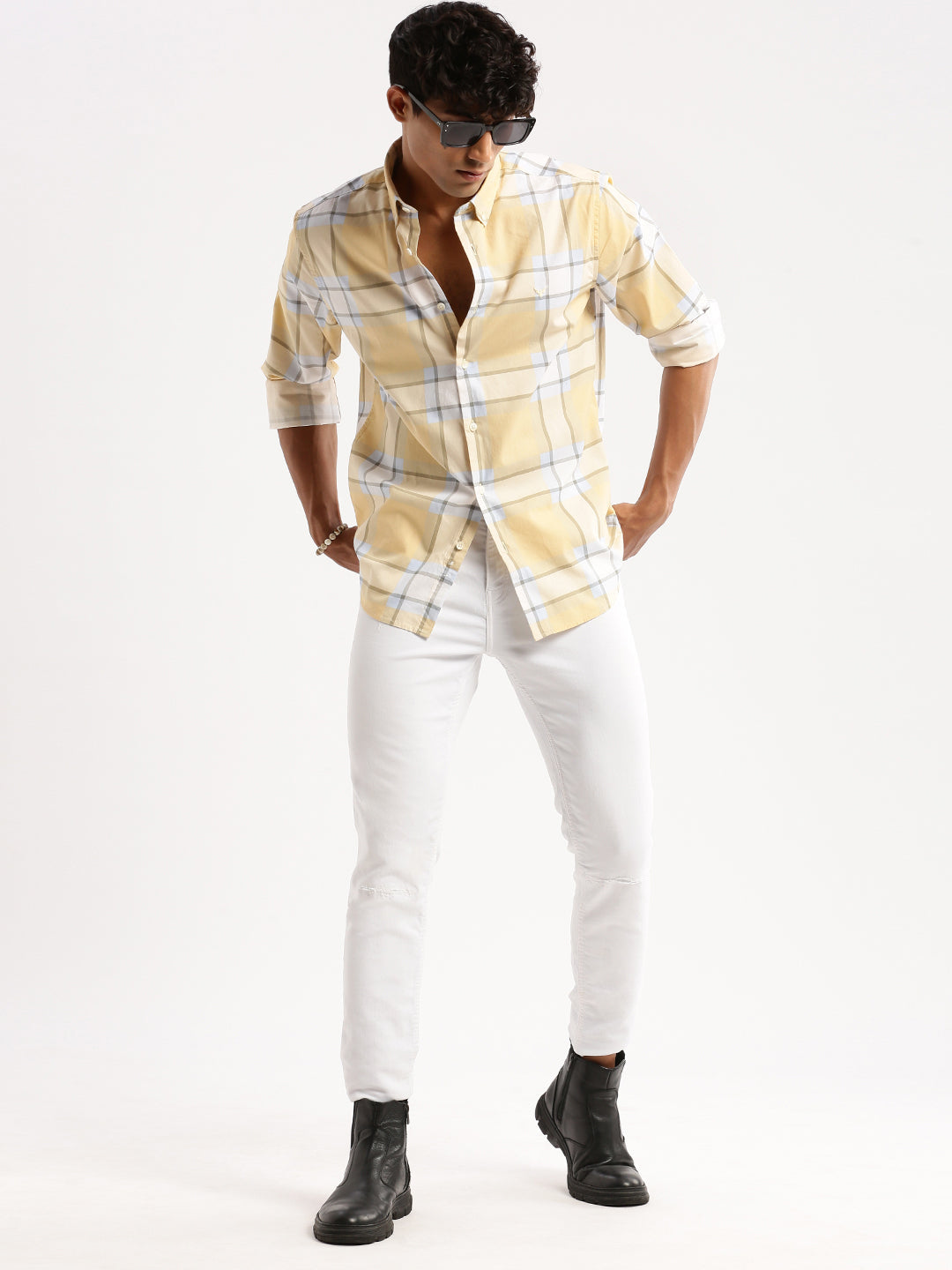 Men's Yellow Standard Slim Fit Windowpane Checked Cotton Casual Shirt