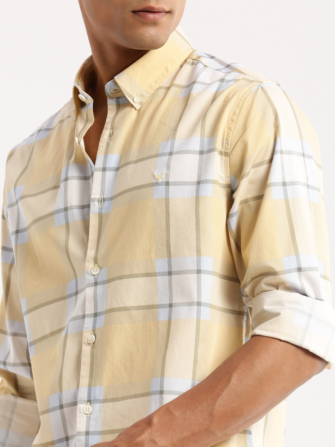 Men's Yellow Standard Slim Fit Windowpane Checked Cotton Casual Shirt