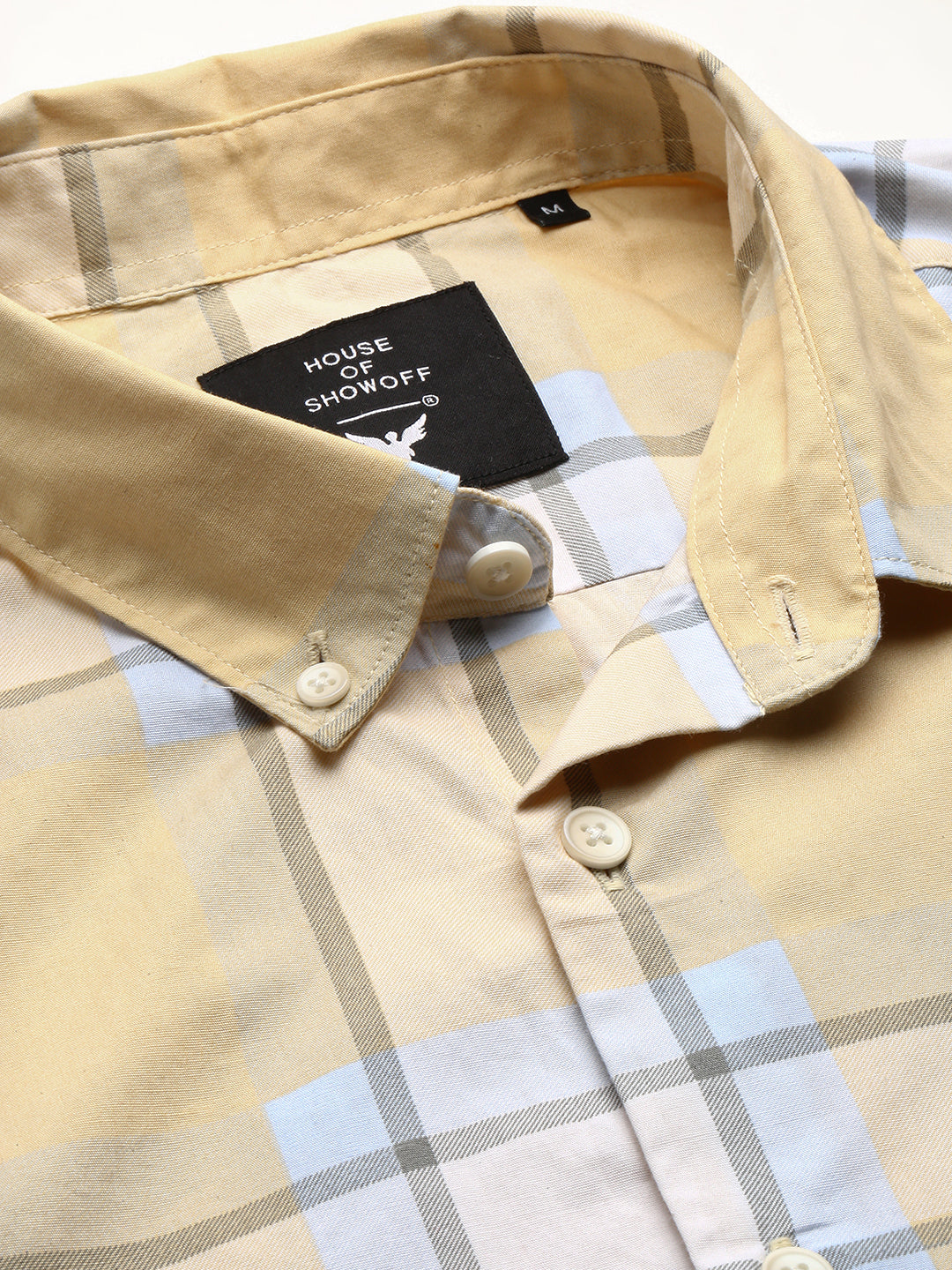 Men's Yellow Standard Slim Fit Windowpane Checked Cotton Casual Shirt