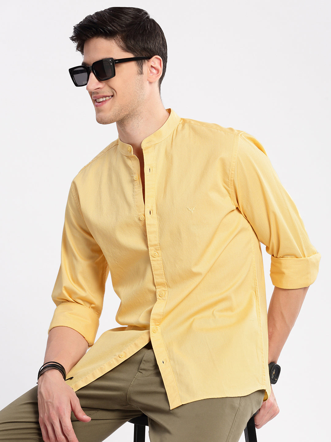 Men Mandarin Collar Solid Yellow Casual Shirt