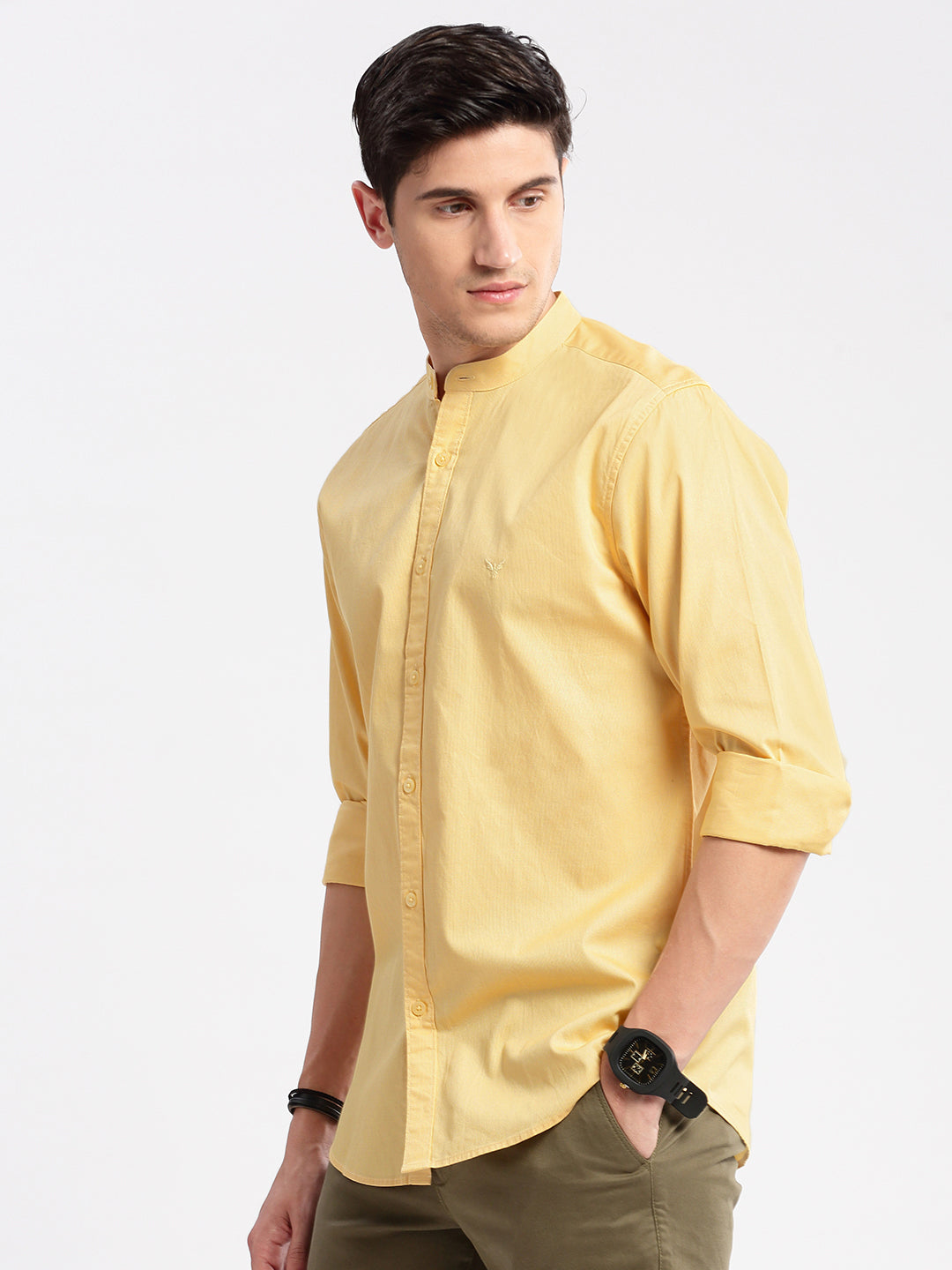 Men Mandarin Collar Solid Yellow Casual Shirt