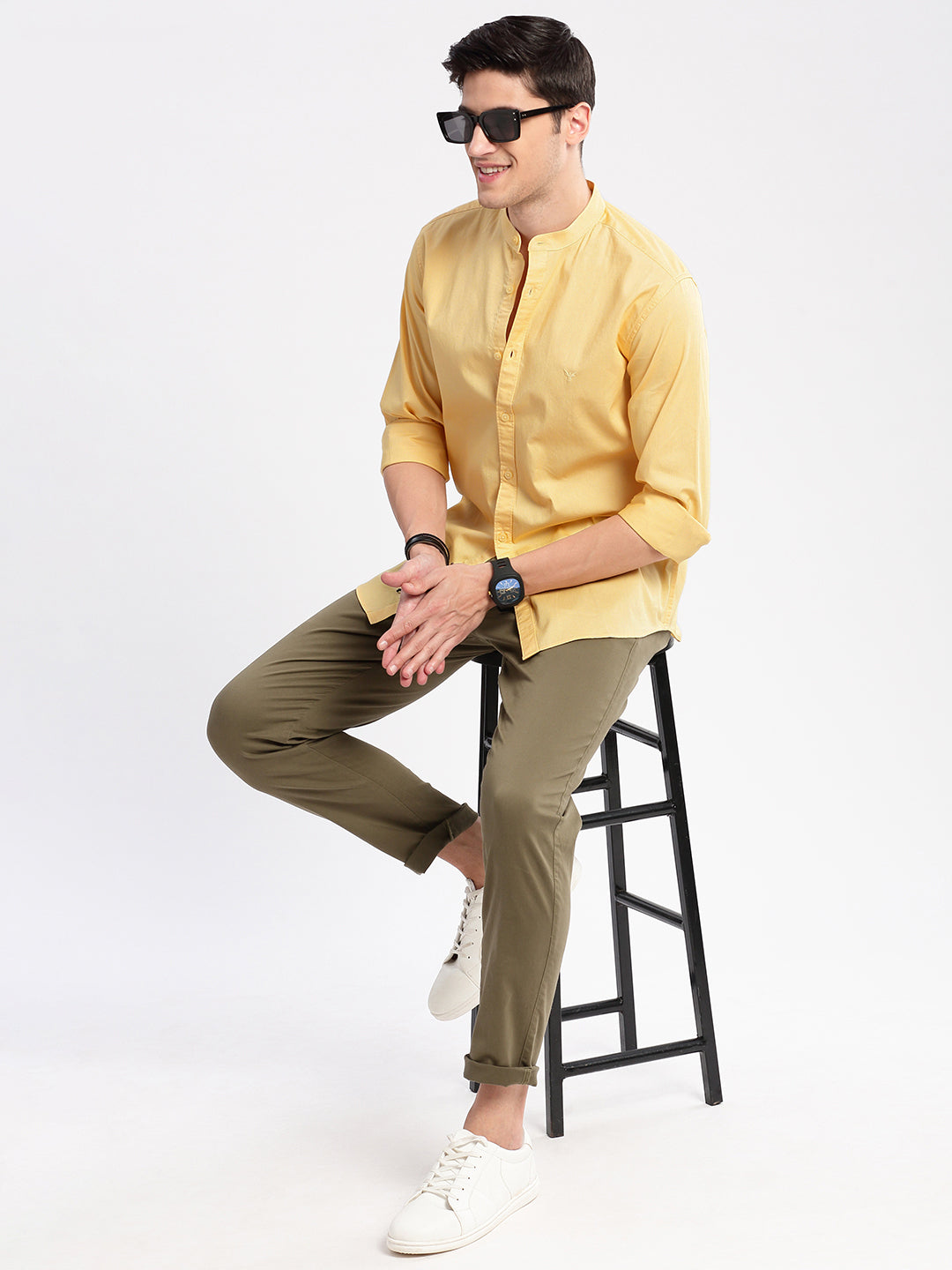 Men Mandarin Collar Solid Yellow Casual Shirt