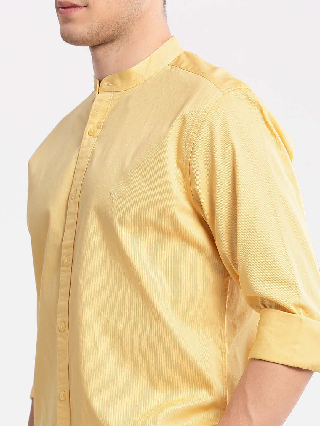 Men Mandarin Collar Solid Yellow Casual Shirt