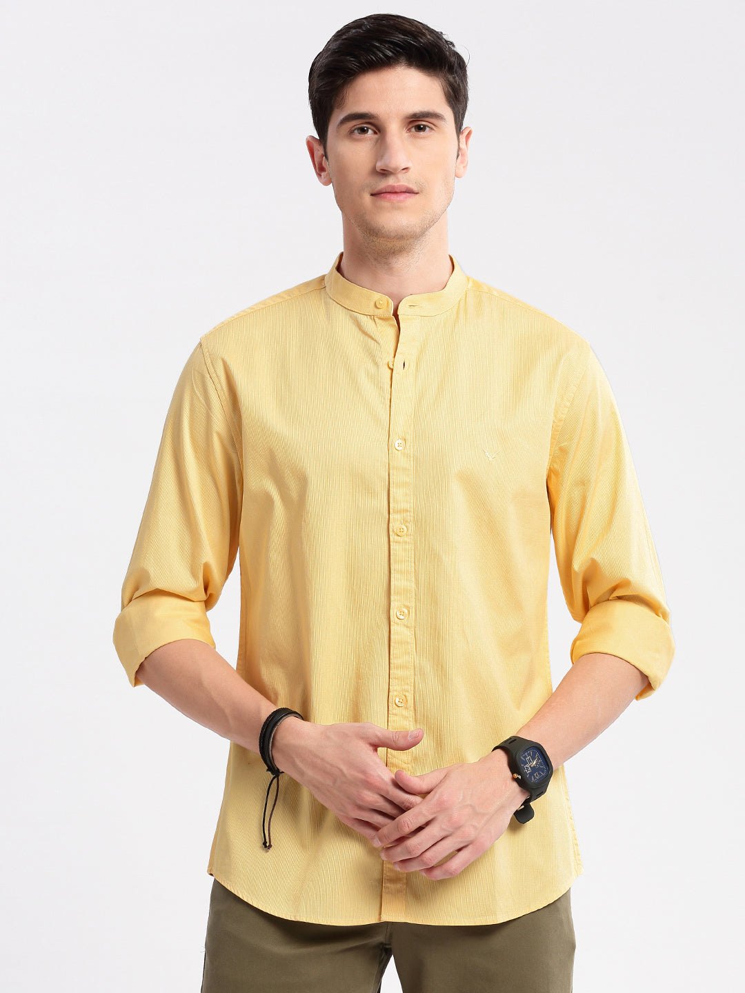 Men Mandarin Collar Solid Yellow Casual Shirt