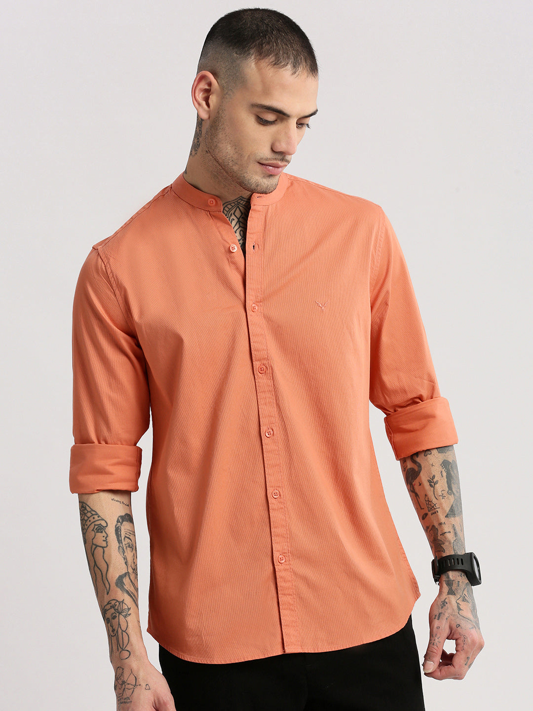 Men Mandarin Collar Solid Orange Casual Shirt