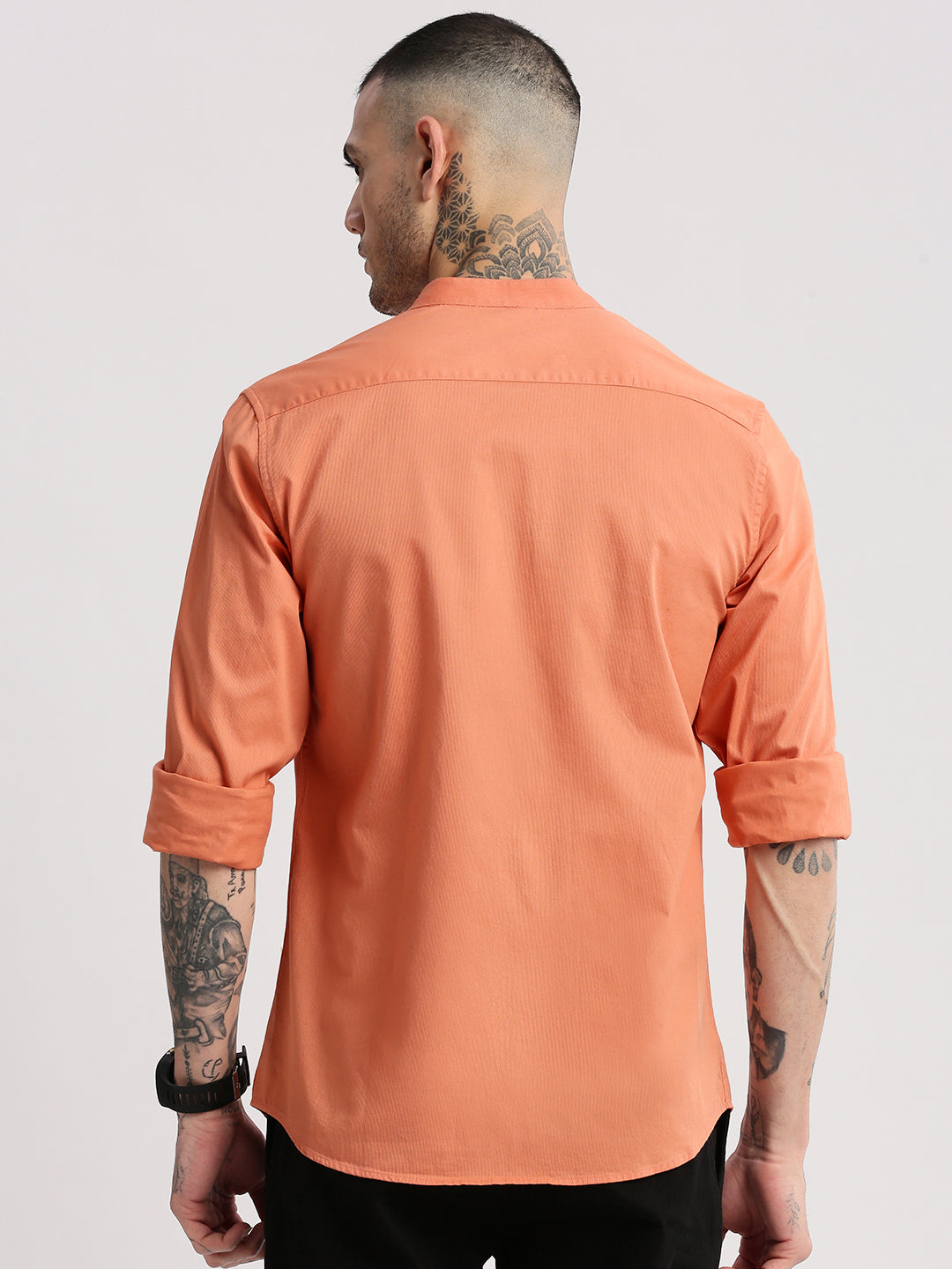 Men Mandarin Collar Solid Orange Casual Shirt