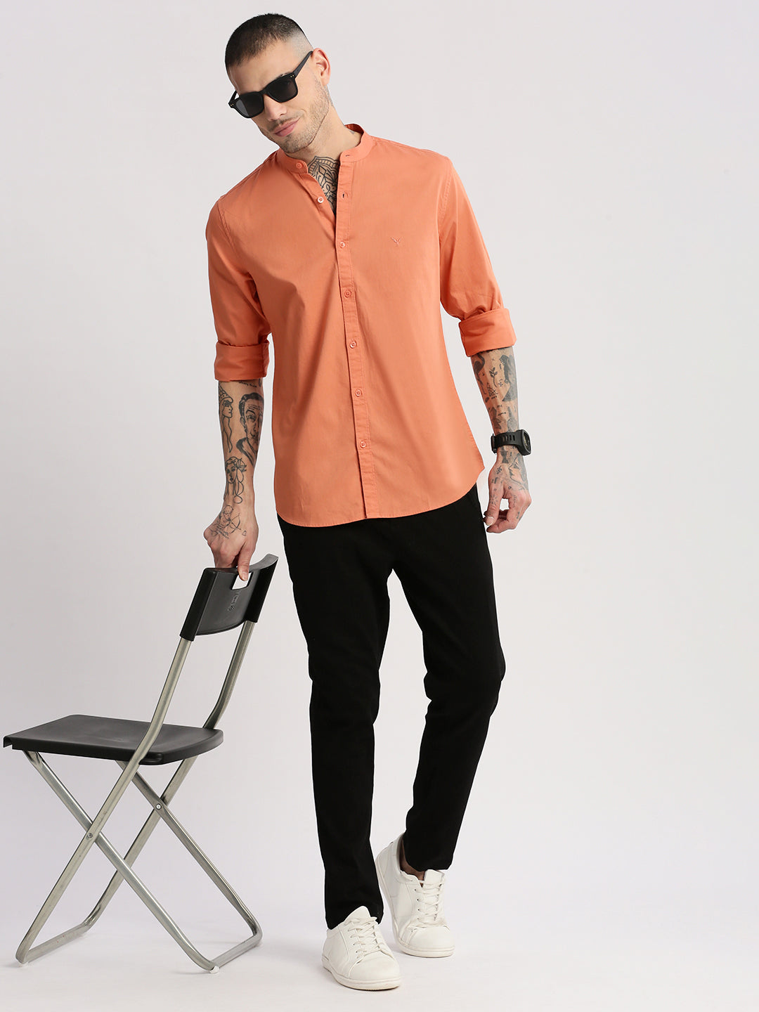 Men Mandarin Collar Solid Orange Casual Shirt