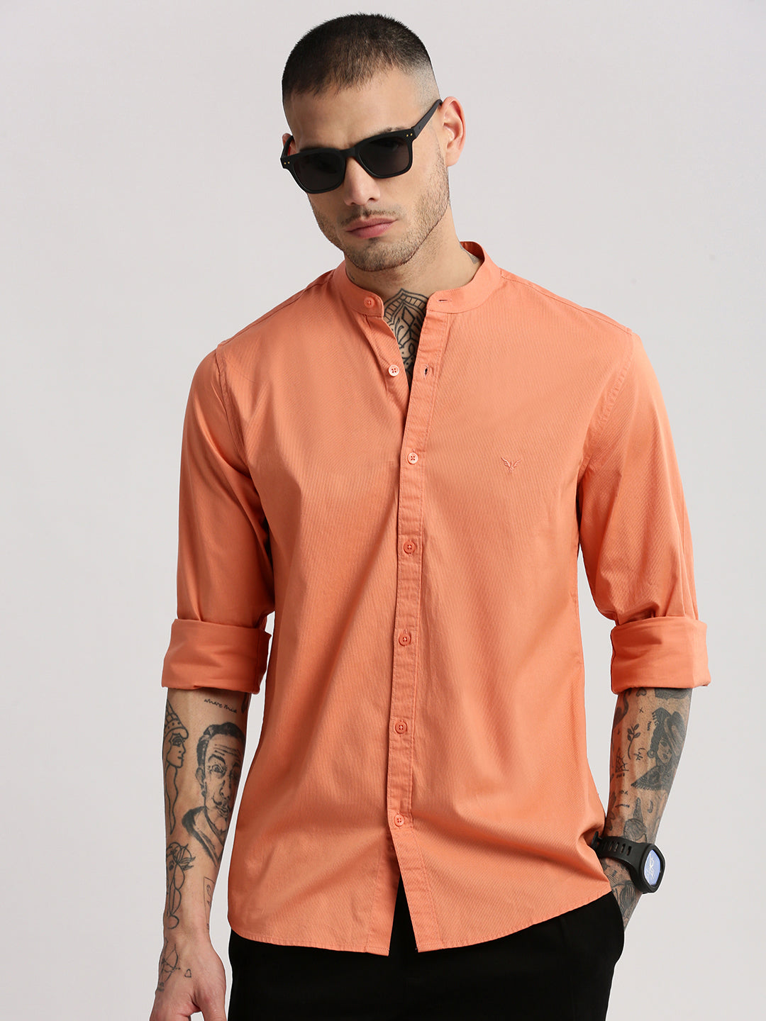 Men Mandarin Collar Solid Orange Casual Shirt