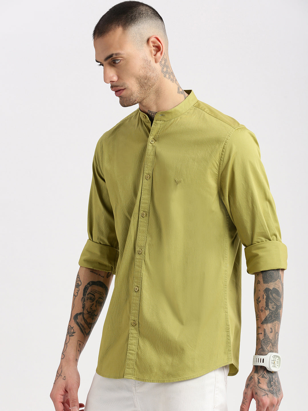 Men Mandarin Collar Solid Olive Casual Shirt