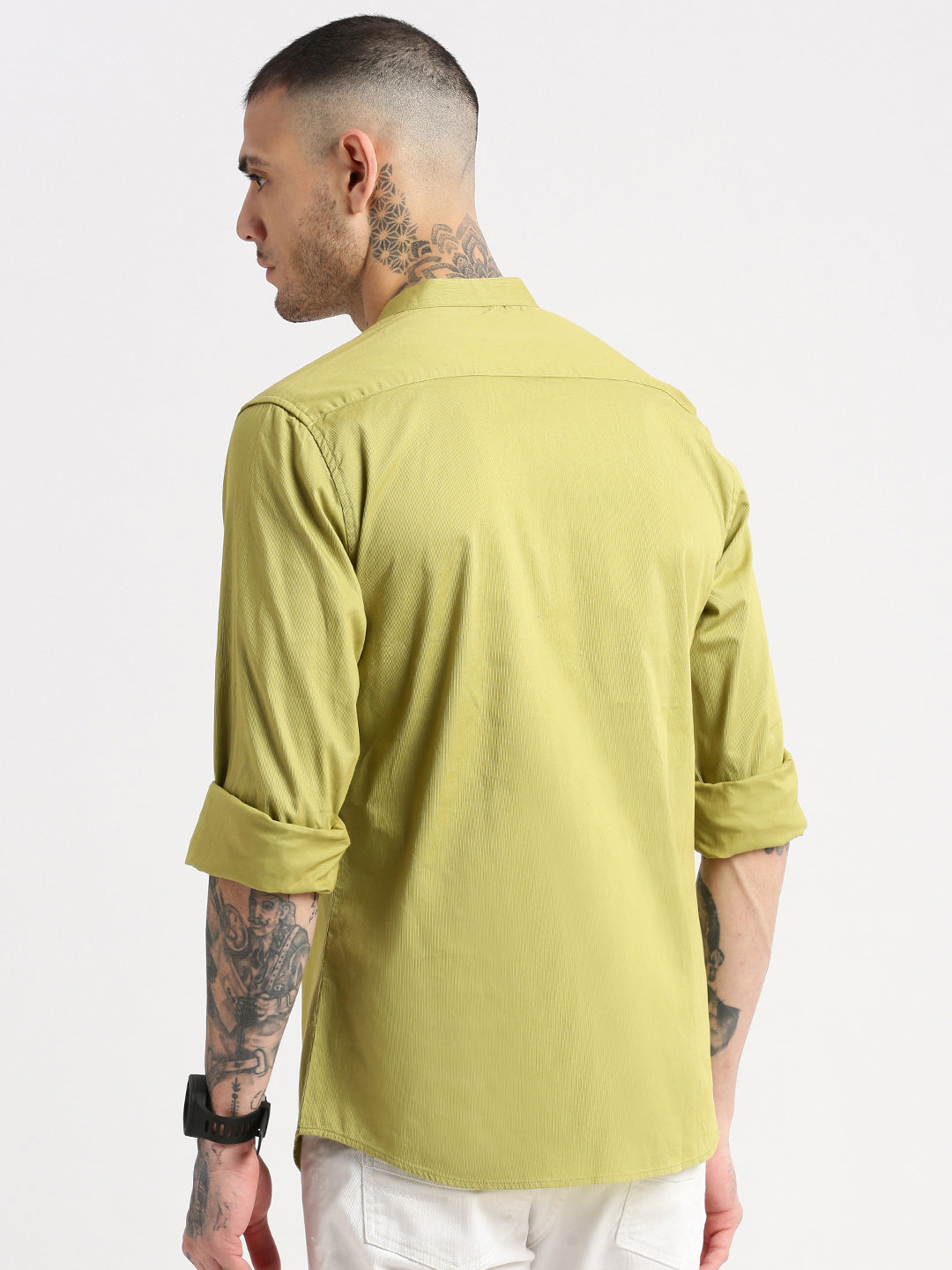 Men Mandarin Collar Solid Olive Casual Shirt