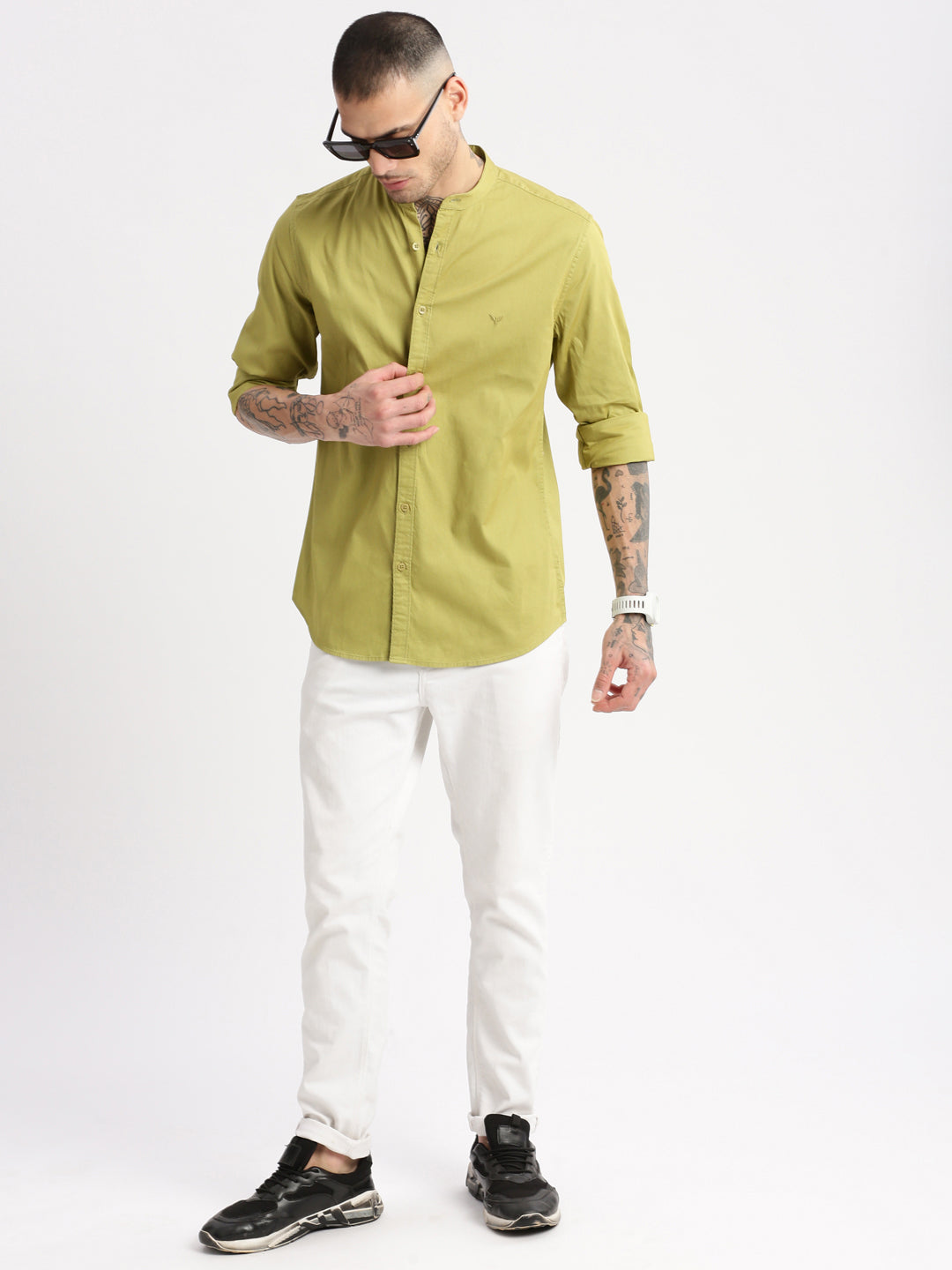 Men Mandarin Collar Solid Olive Casual Shirt