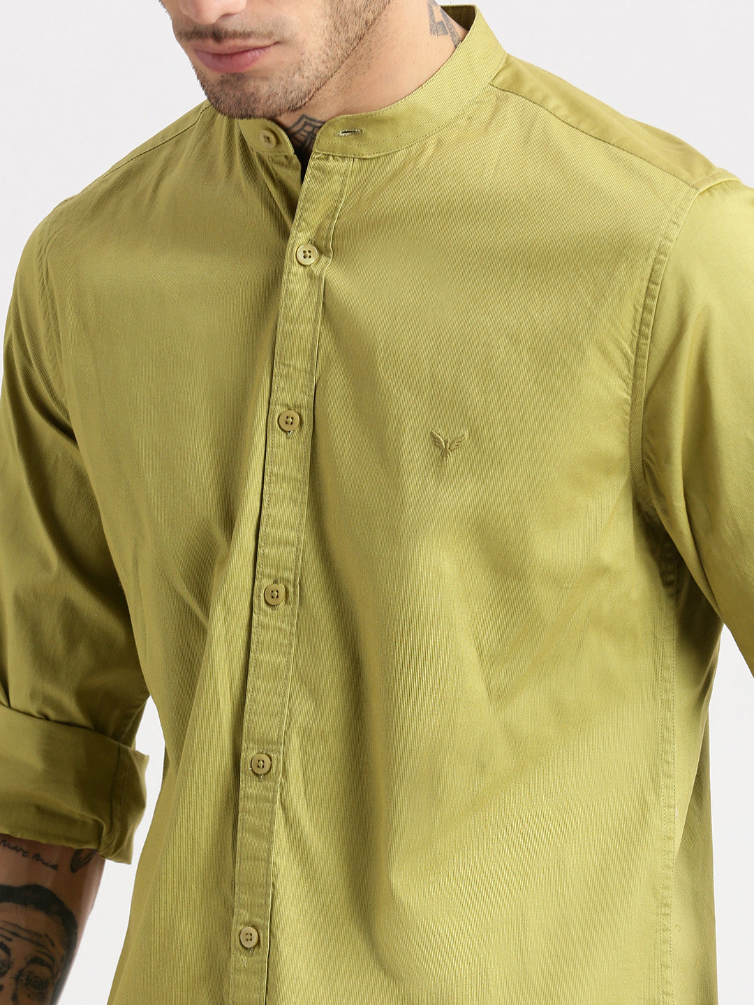 Men Mandarin Collar Solid Olive Casual Shirt