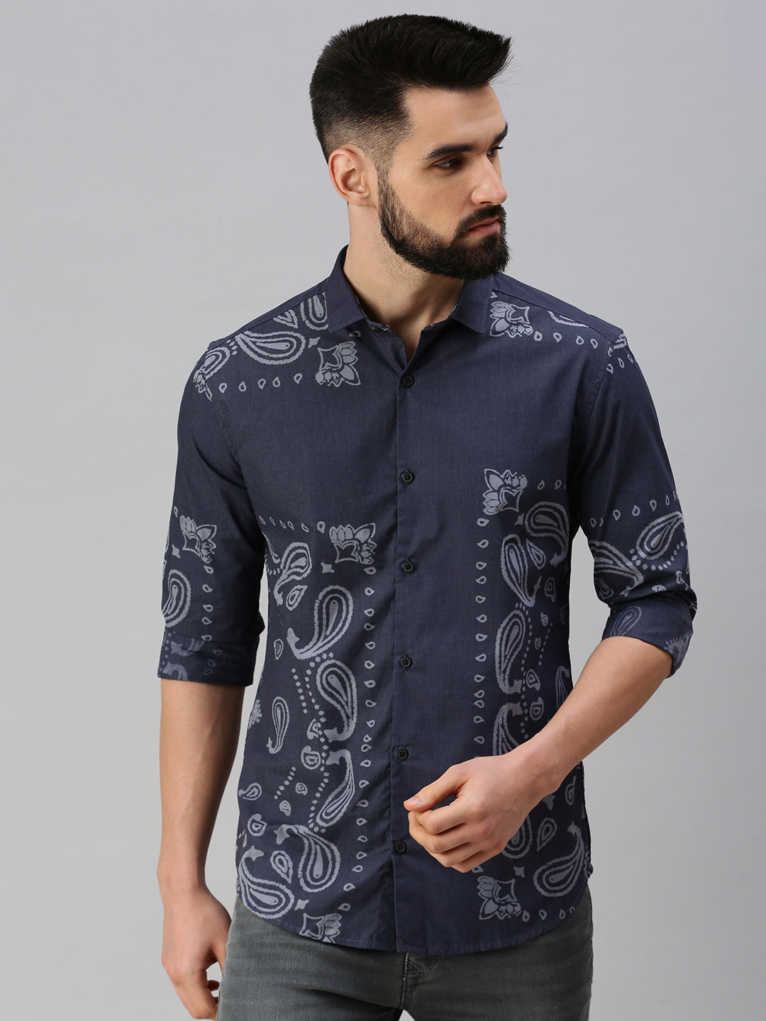 Men Navy Blue Printed Casual Shirt