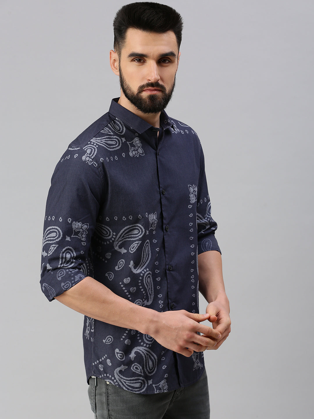 Men Navy Blue Printed Casual Shirt