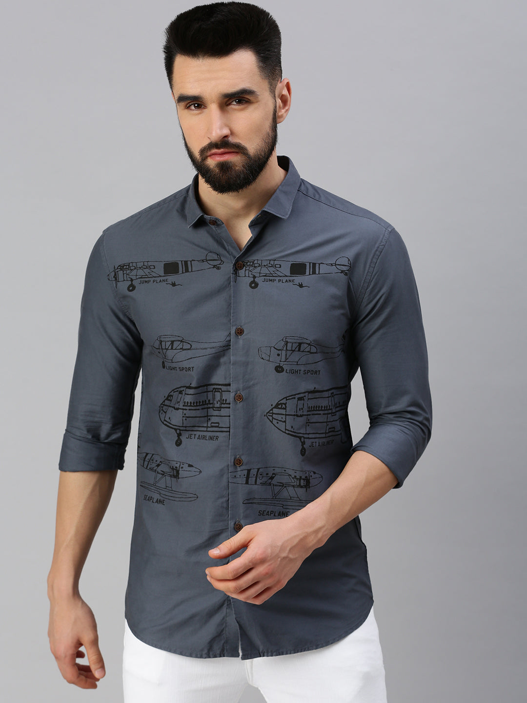 Men Grey Printed Casual Shirt