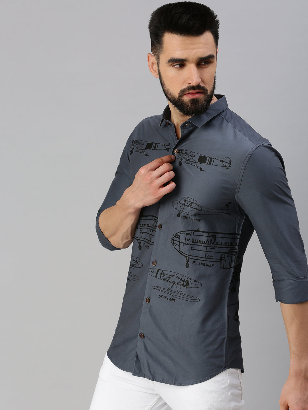 Men Grey Printed Casual Shirt