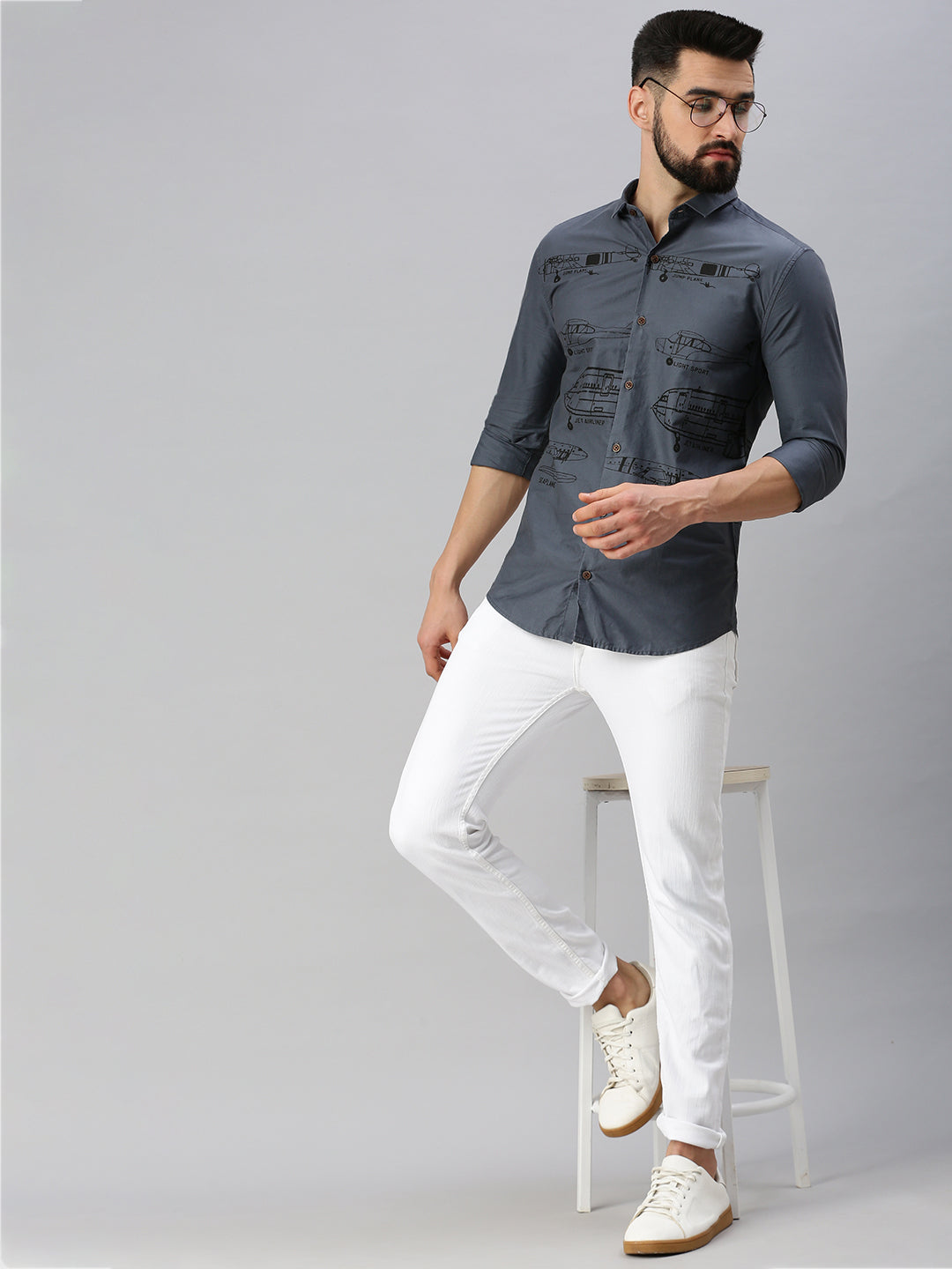 Men Grey Printed Casual Shirt