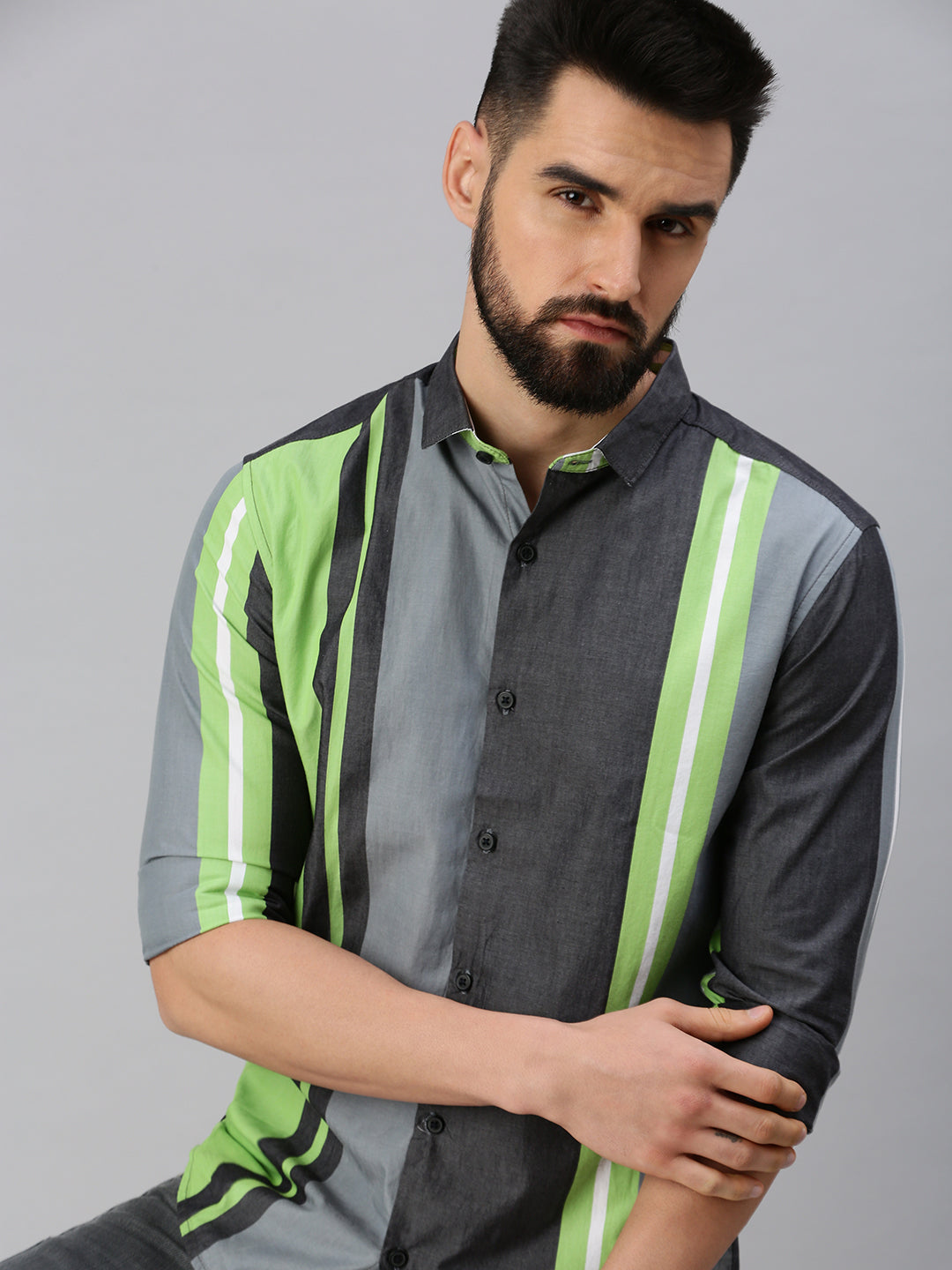 Men Grey Striped Casual Shirt