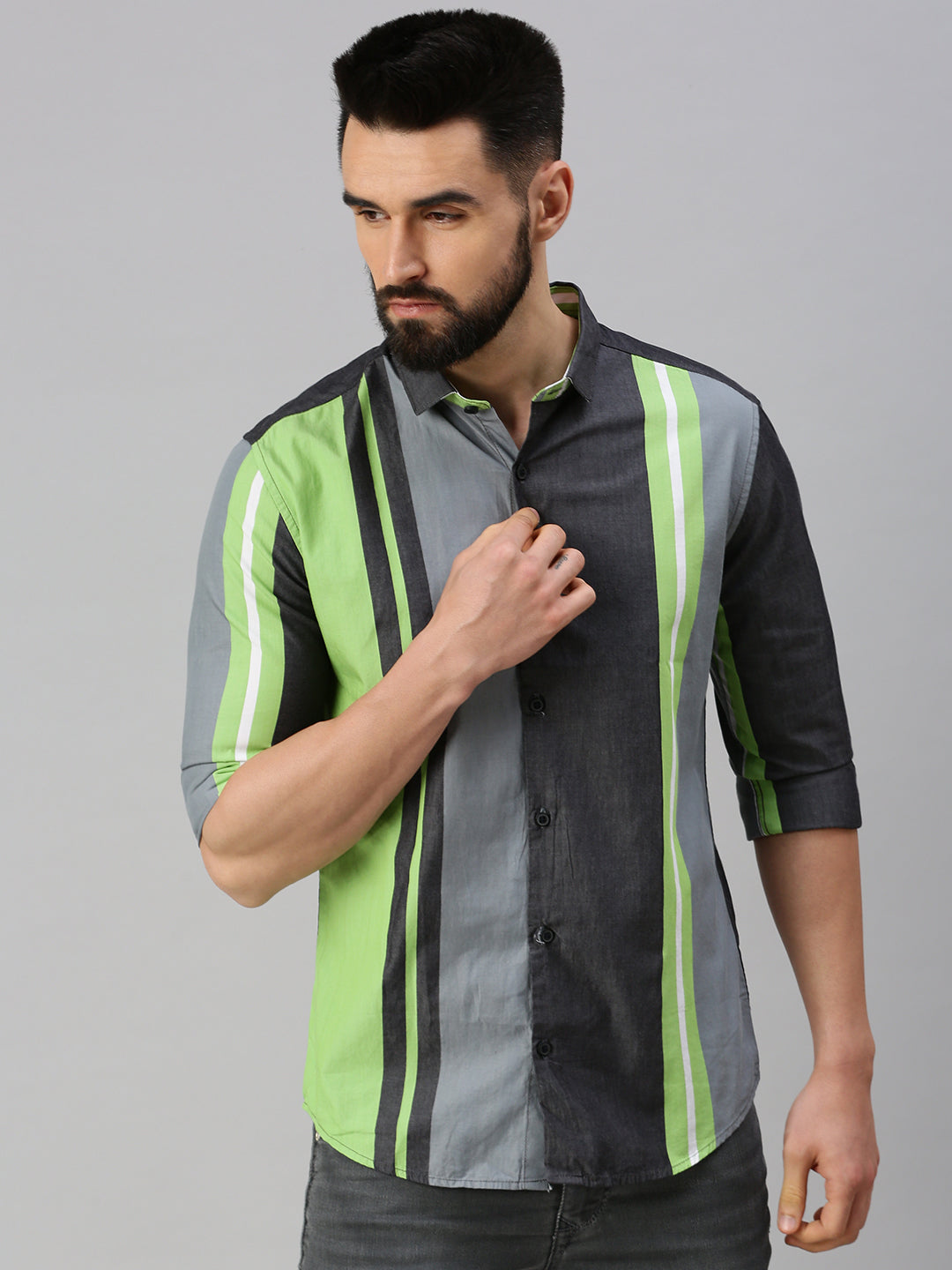 Men Grey Striped Casual Shirt