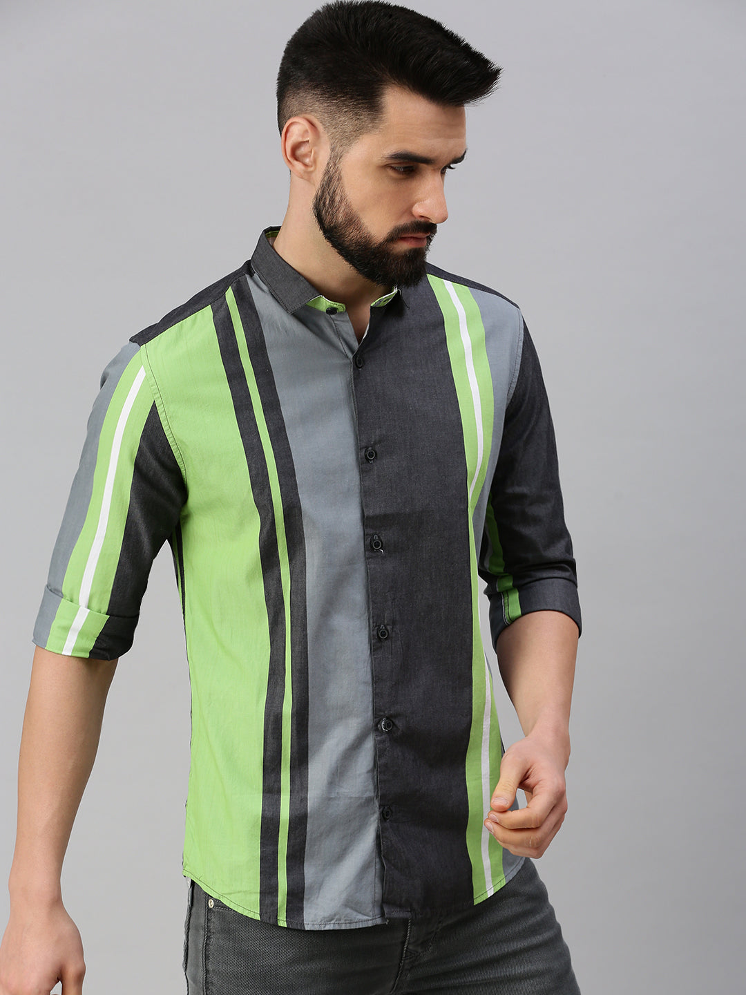 Men Grey Striped Casual Shirt