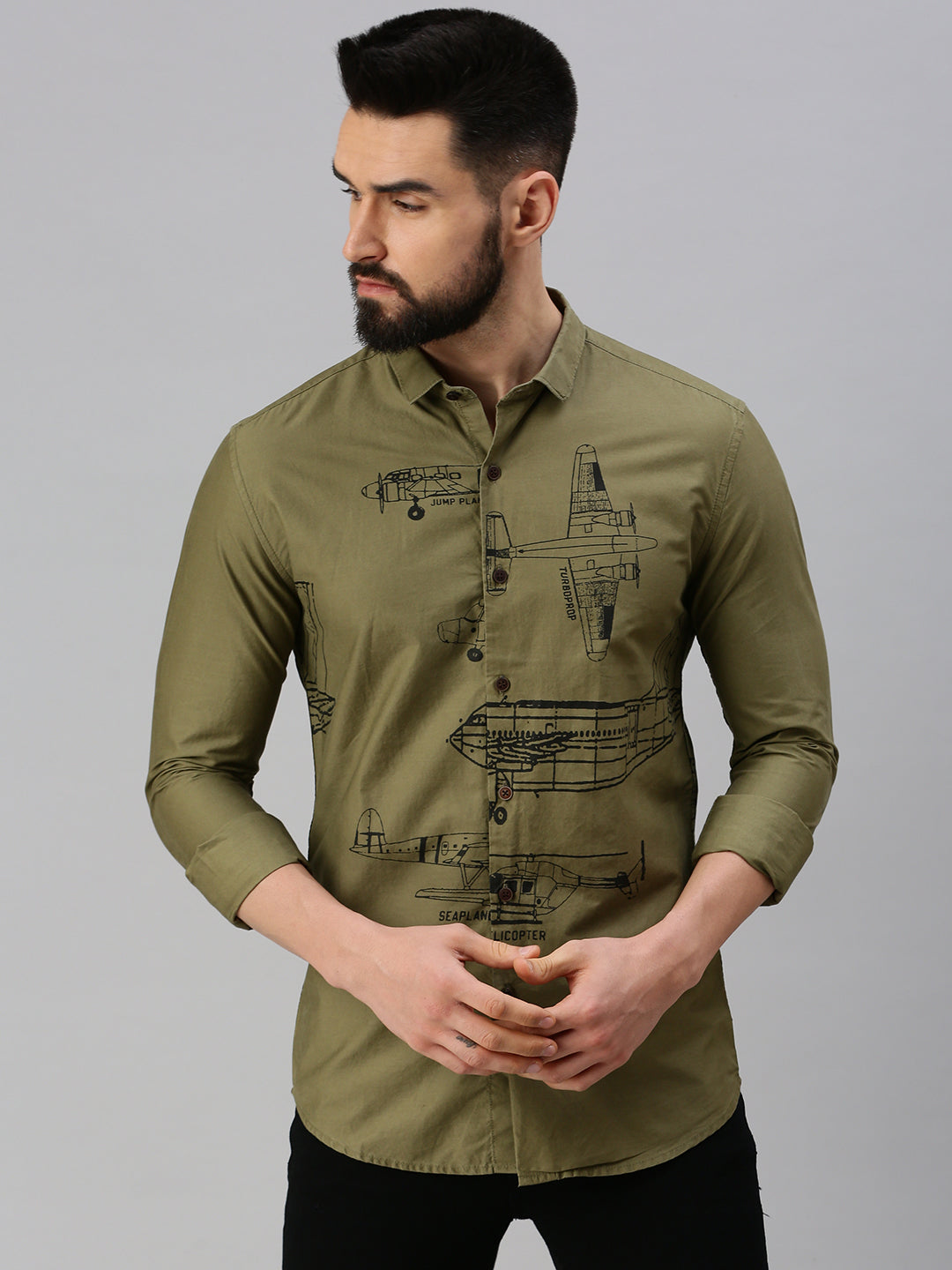 Men Olive Printed Casual Shirt