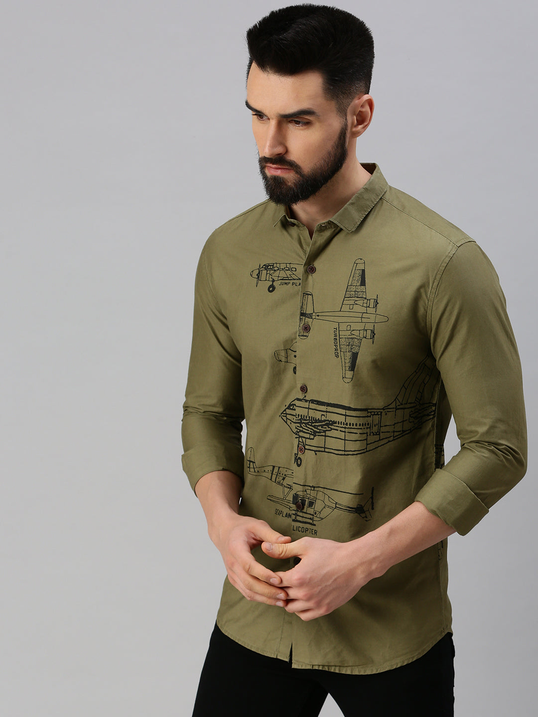 Men Olive Printed Casual Shirt