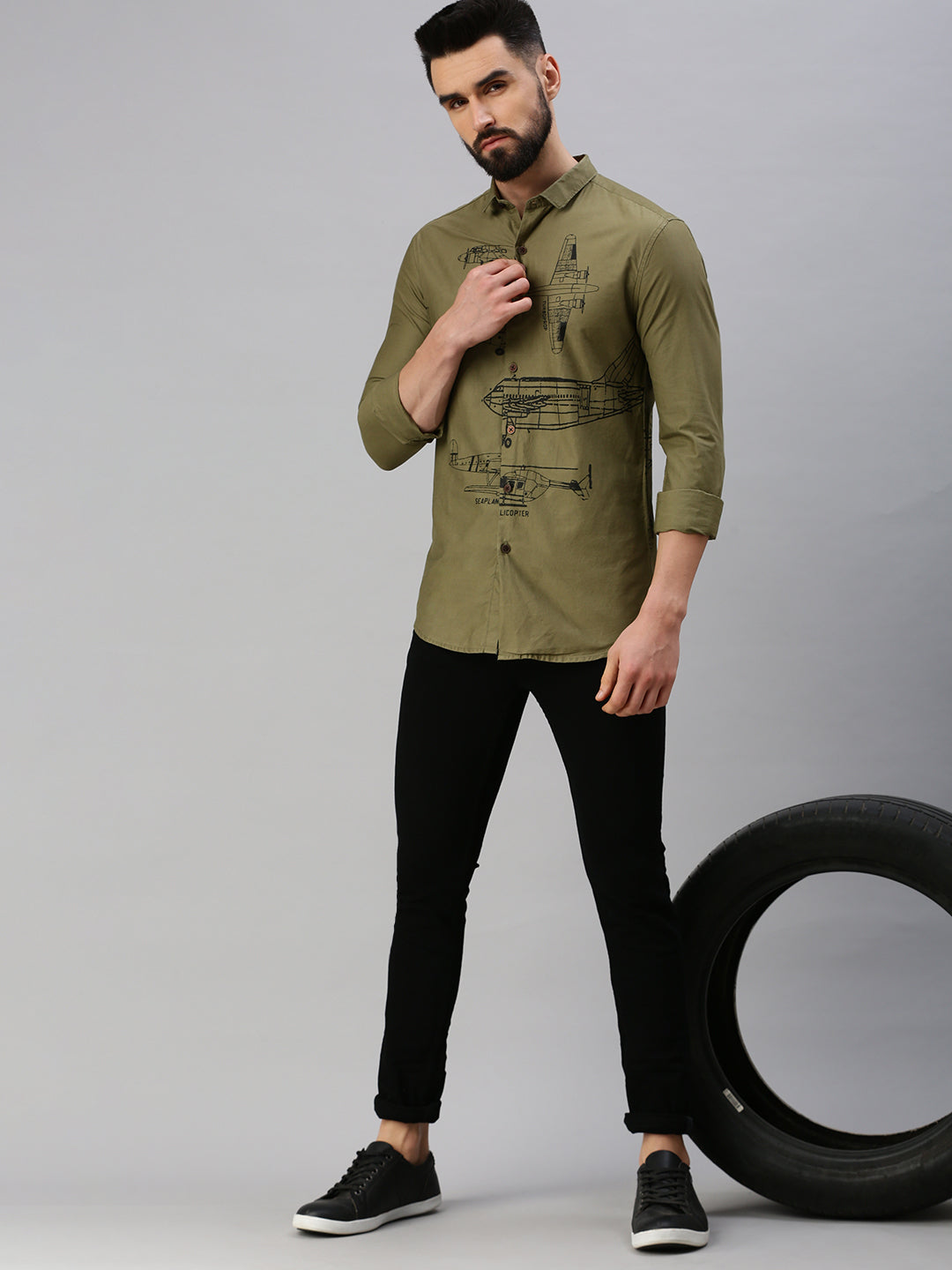 Men Olive Printed Casual Shirt