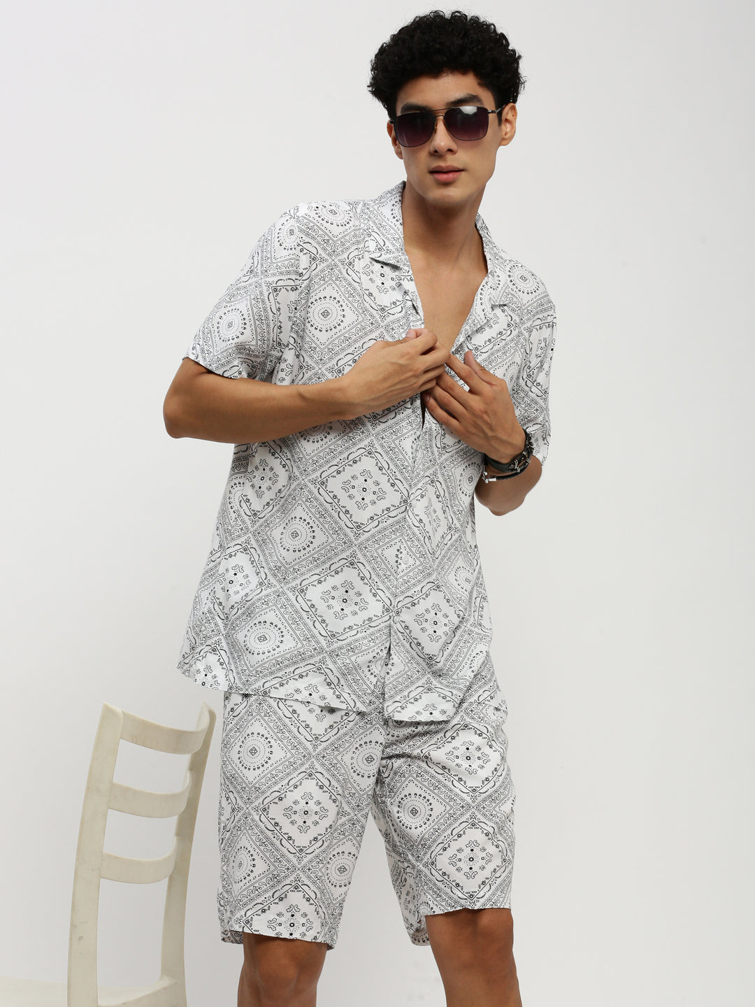 Men White Printed Co ordSet