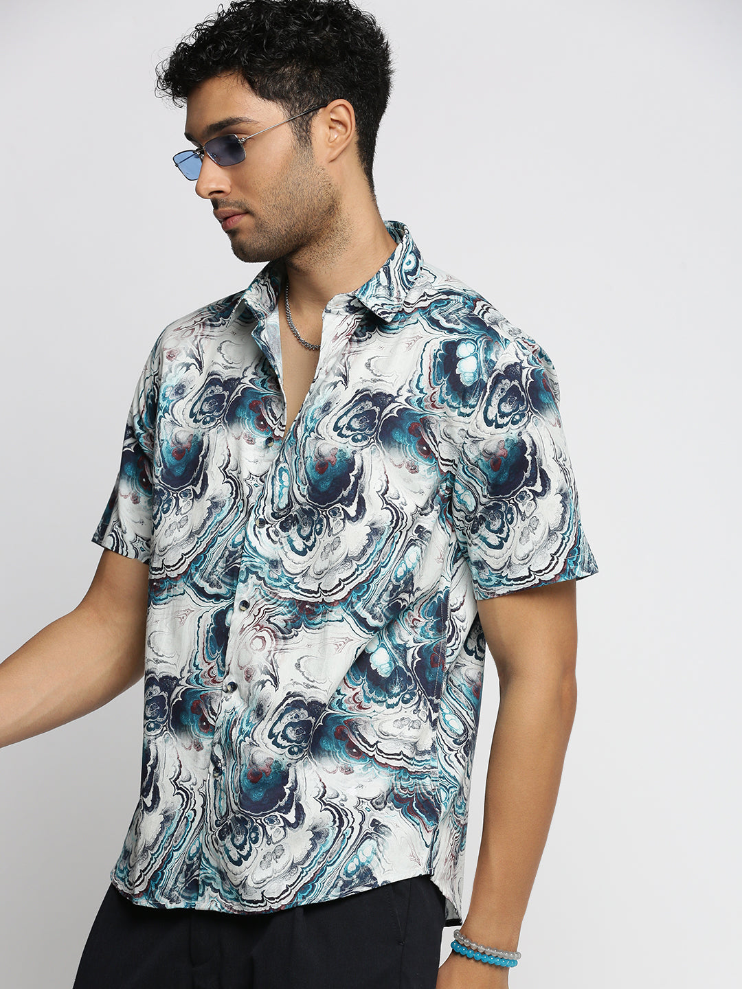 Men Blue Spread Collar Abstract Shirt