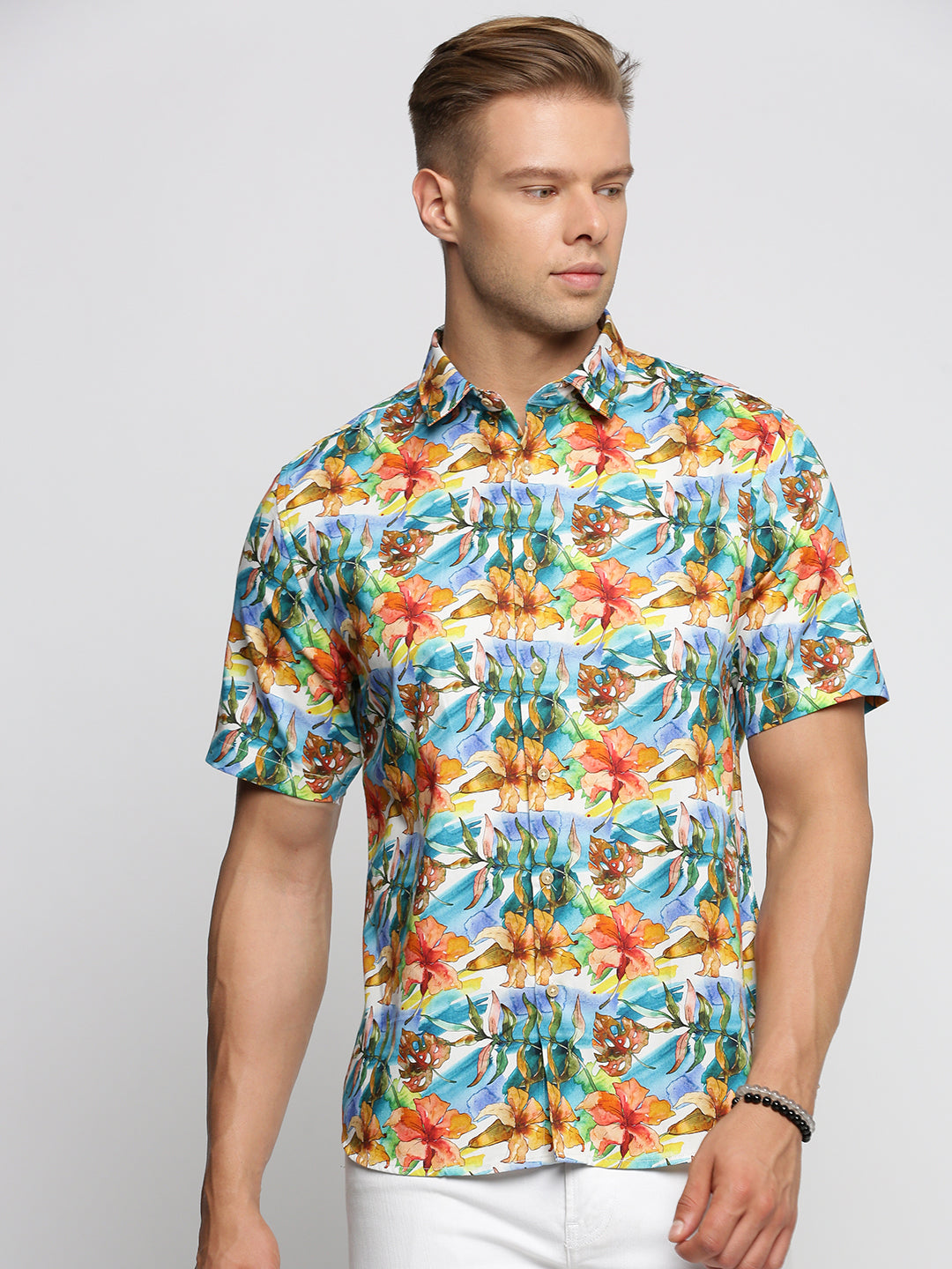 Men Blue Spread Collar Floral Shirt