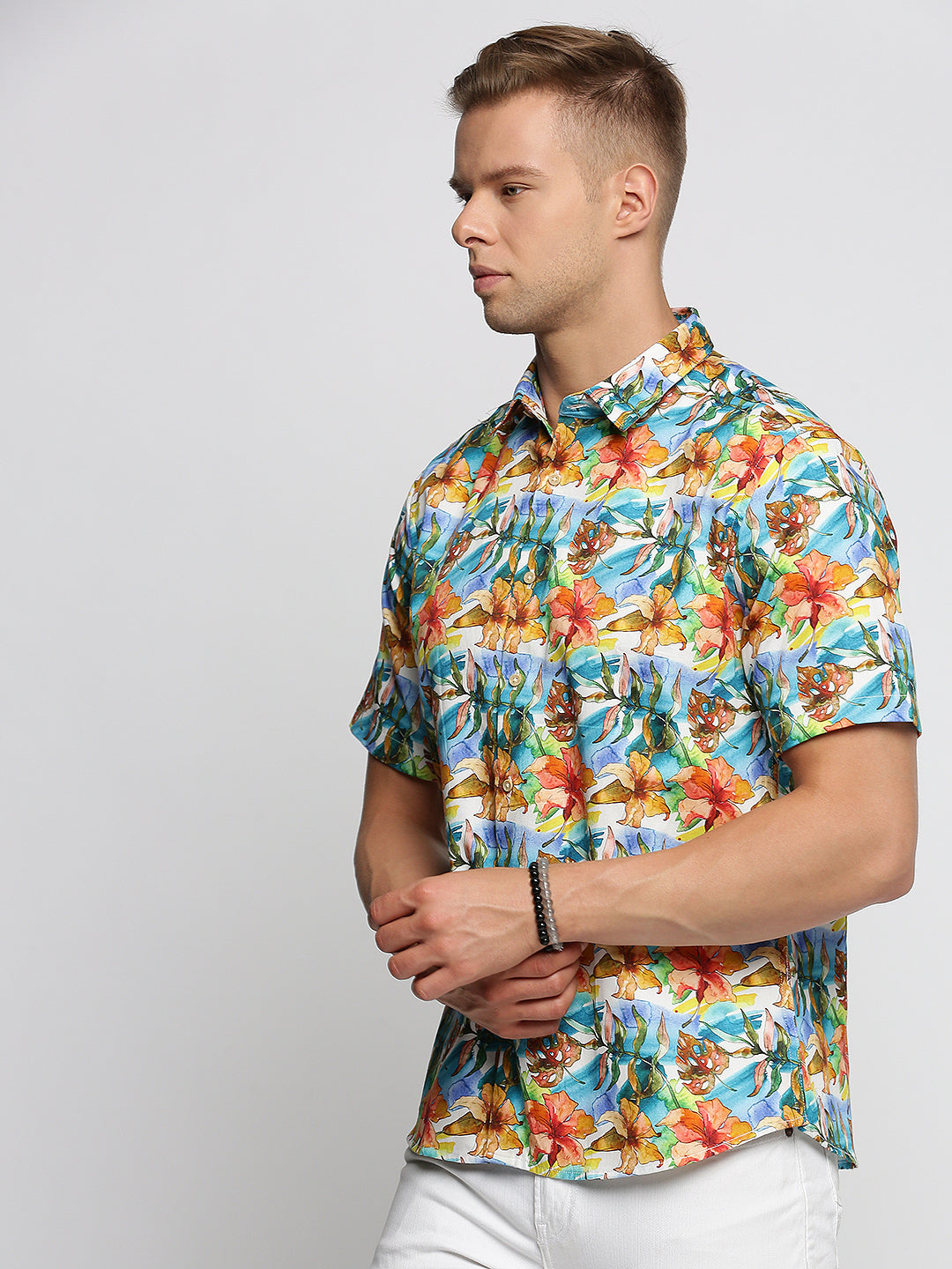 Men Blue Spread Collar Floral Shirt