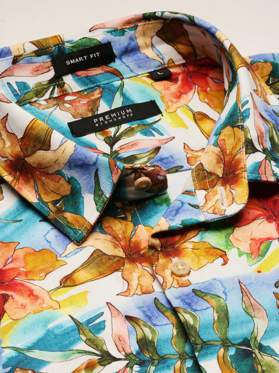 Men Blue Spread Collar Floral Shirt