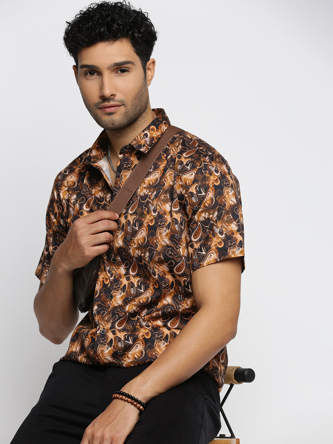 Men Brown Spread Collar Ethnic Motifs Shirt