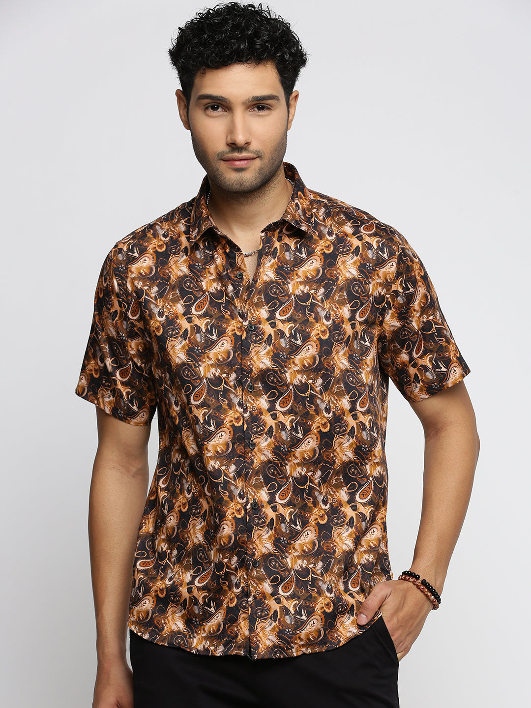 Men Brown Spread Collar Ethnic Motifs Shirt