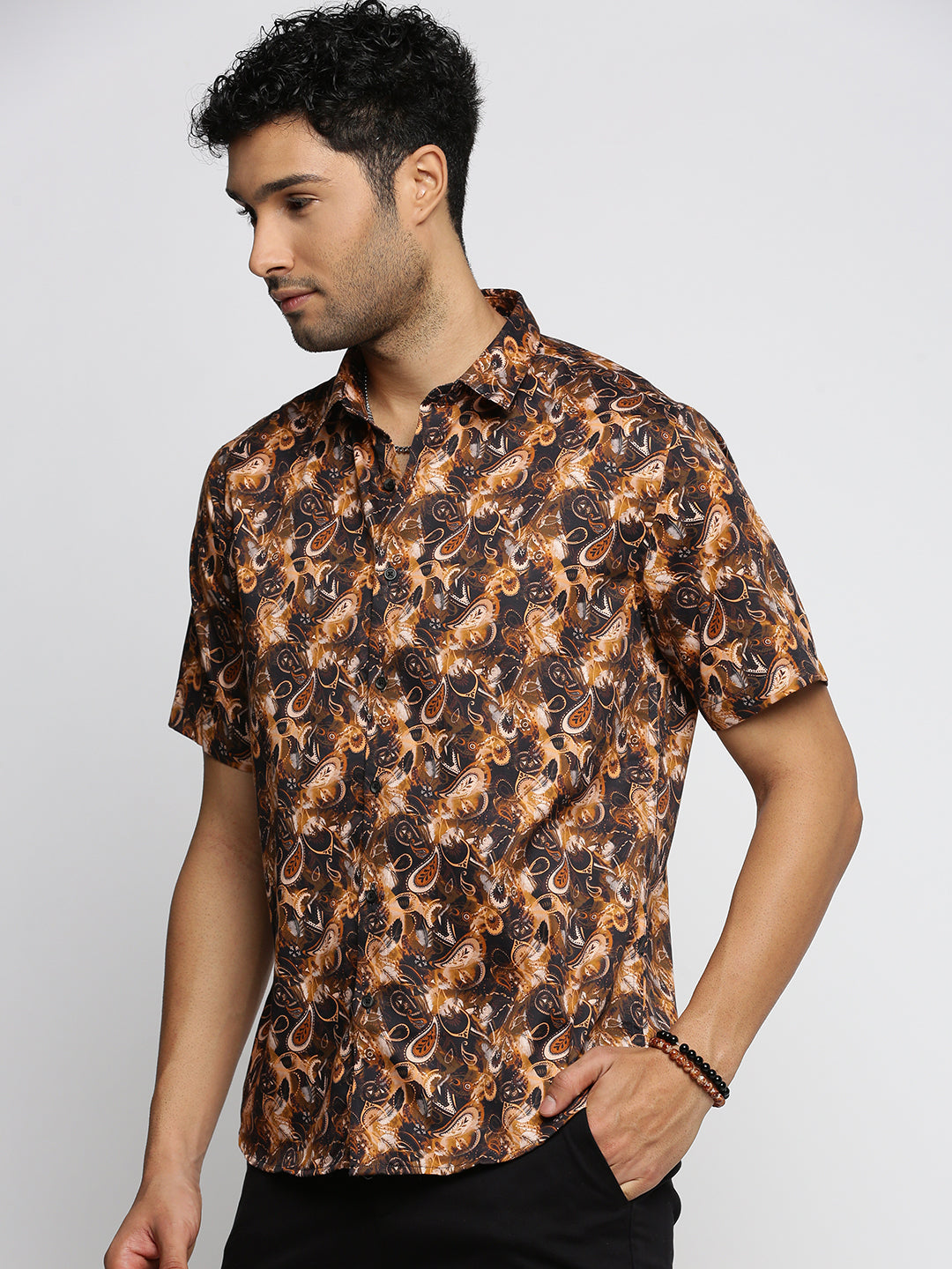 Men Brown Spread Collar Ethnic Motifs Shirt