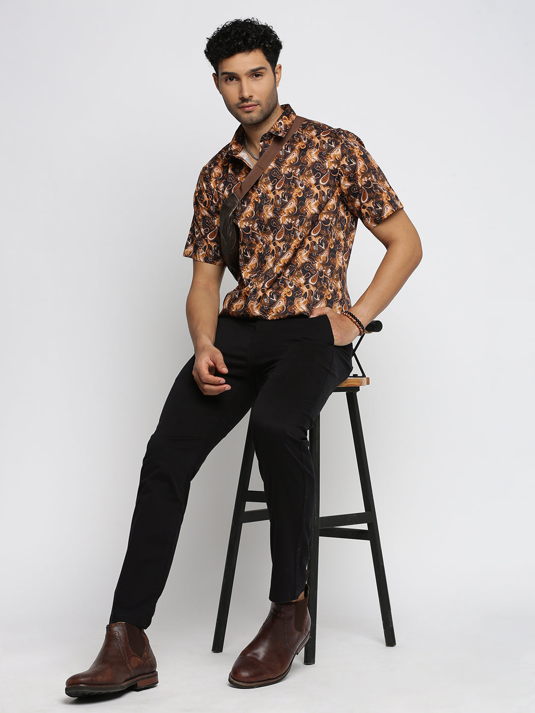 Men Brown Spread Collar Ethnic Motifs Shirt