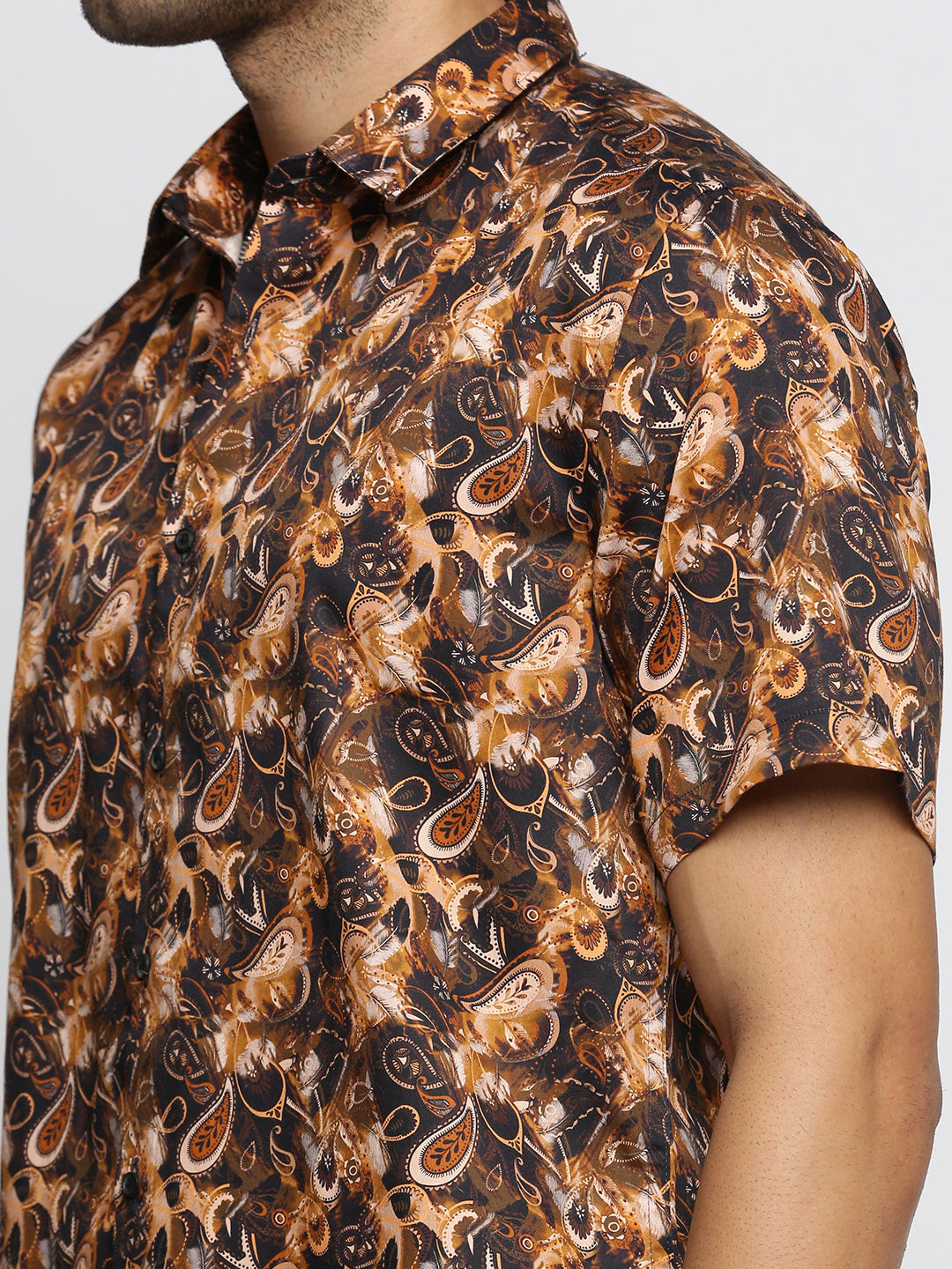 Men Brown Spread Collar Ethnic Motifs Shirt