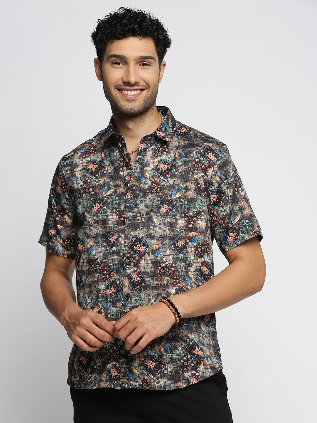 Men Black Spread Collar Floral Shirt