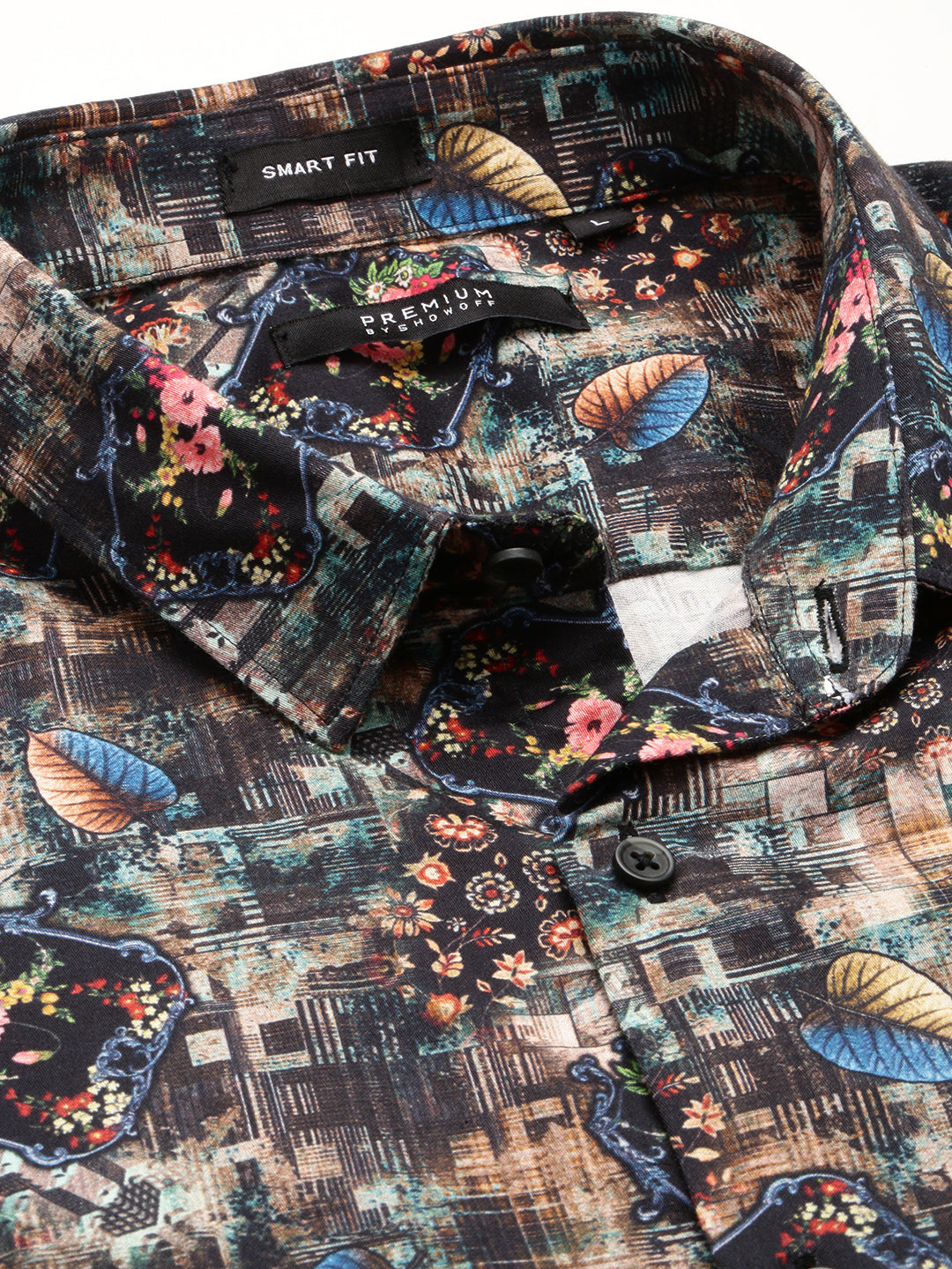 Men Black Spread Collar Floral Shirt