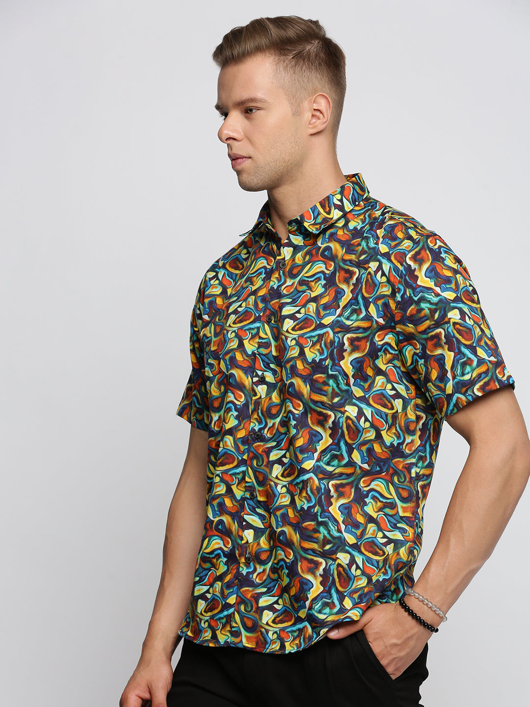 Men Brown Spread Collar Abstract Shirt