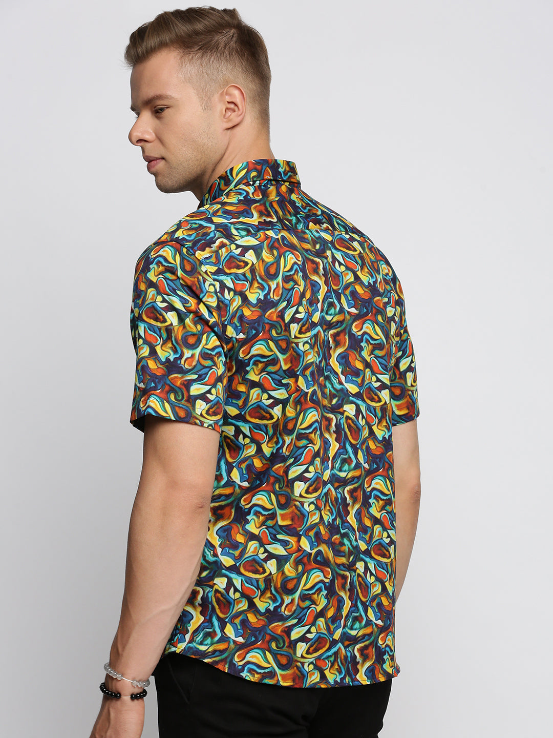 Men Brown Spread Collar Abstract Shirt