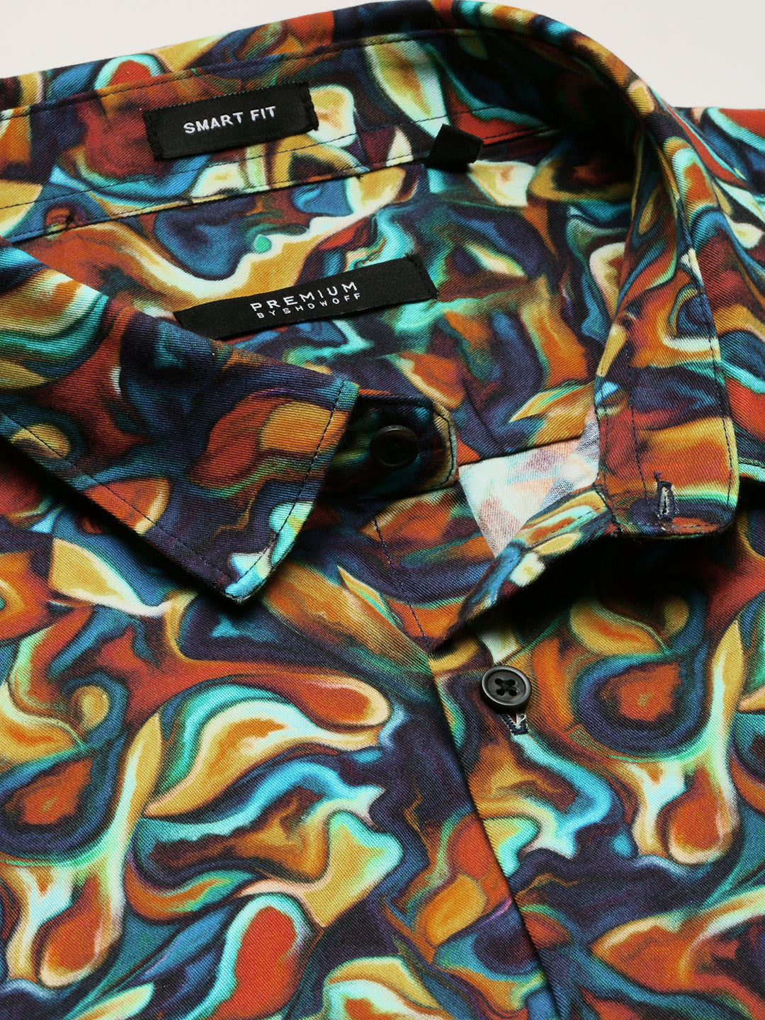 Men Brown Spread Collar Abstract Shirt