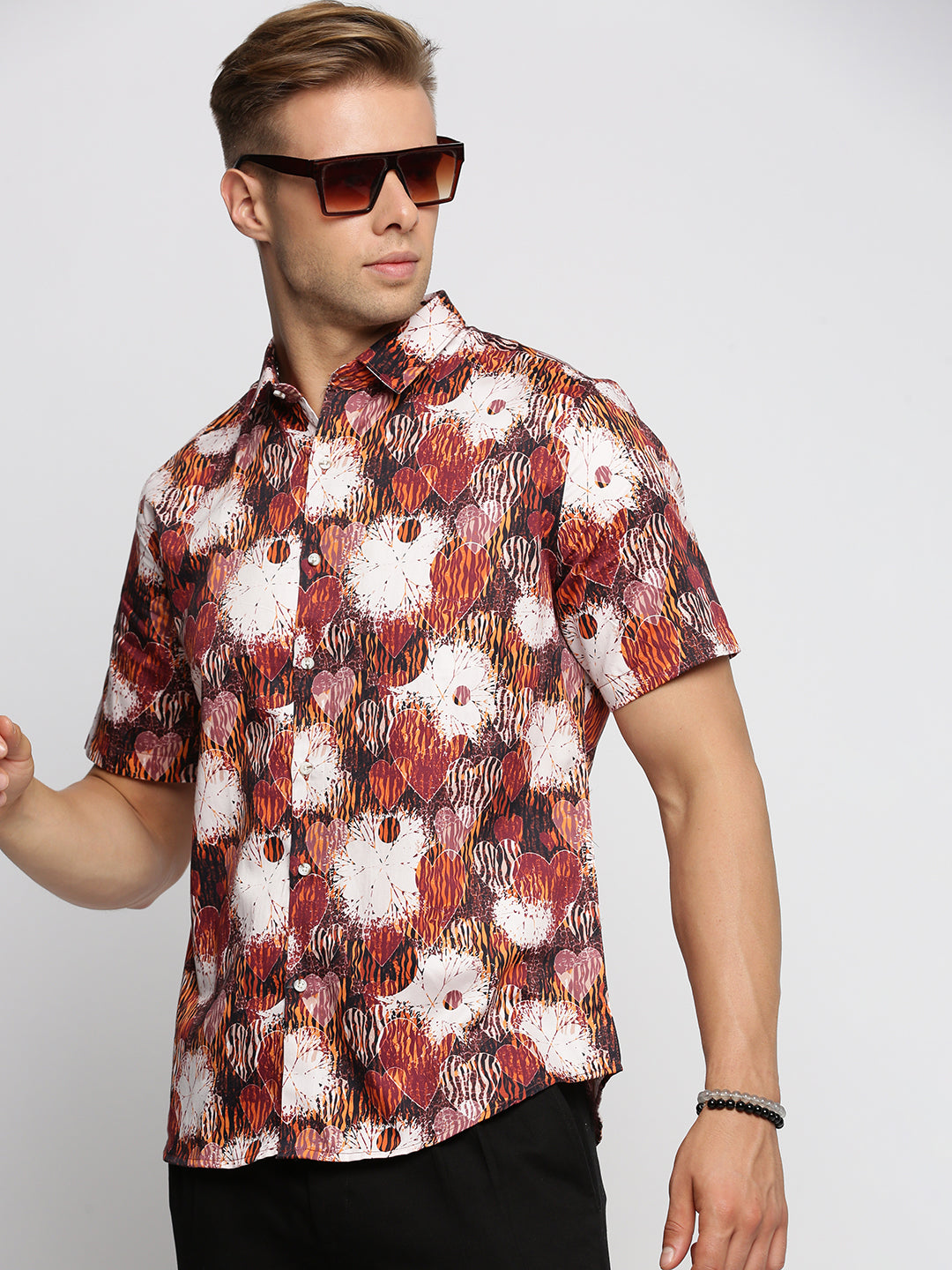 Men Brown Spread Collar Abstract Shirt