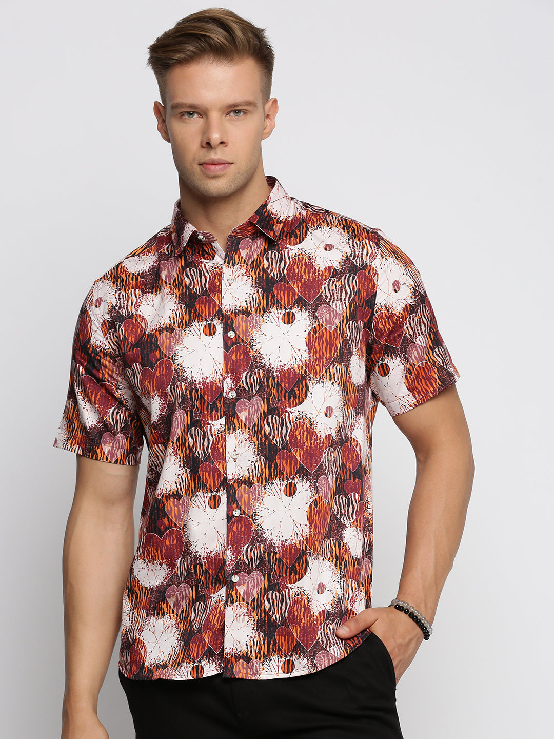 Men Brown Spread Collar Abstract Shirt