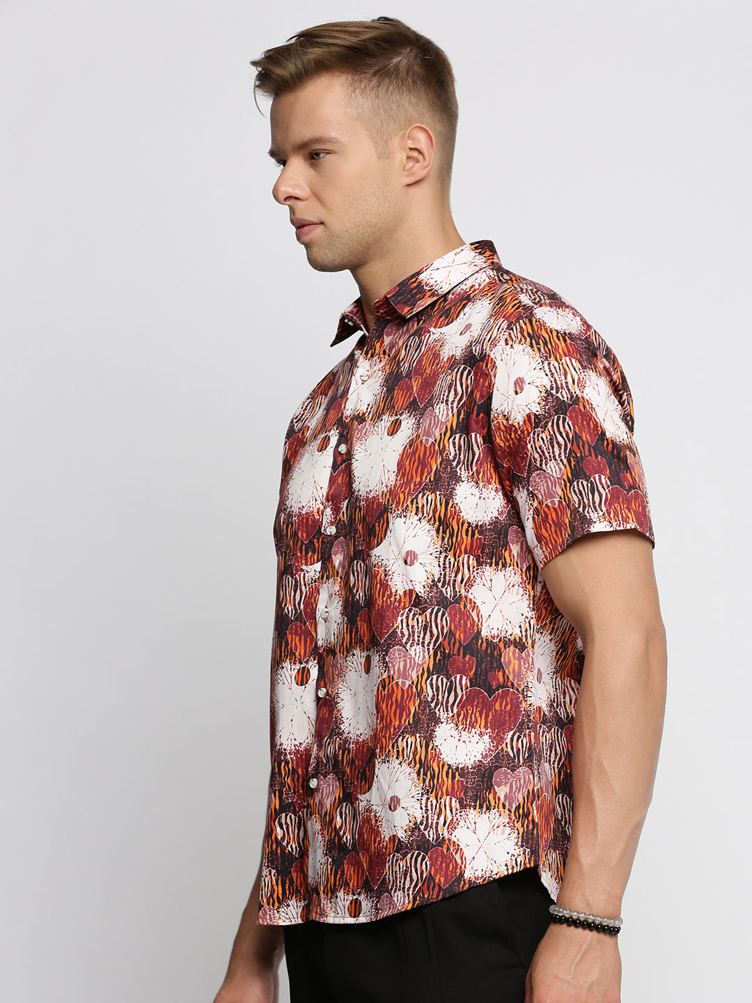 Men Brown Spread Collar Abstract Shirt