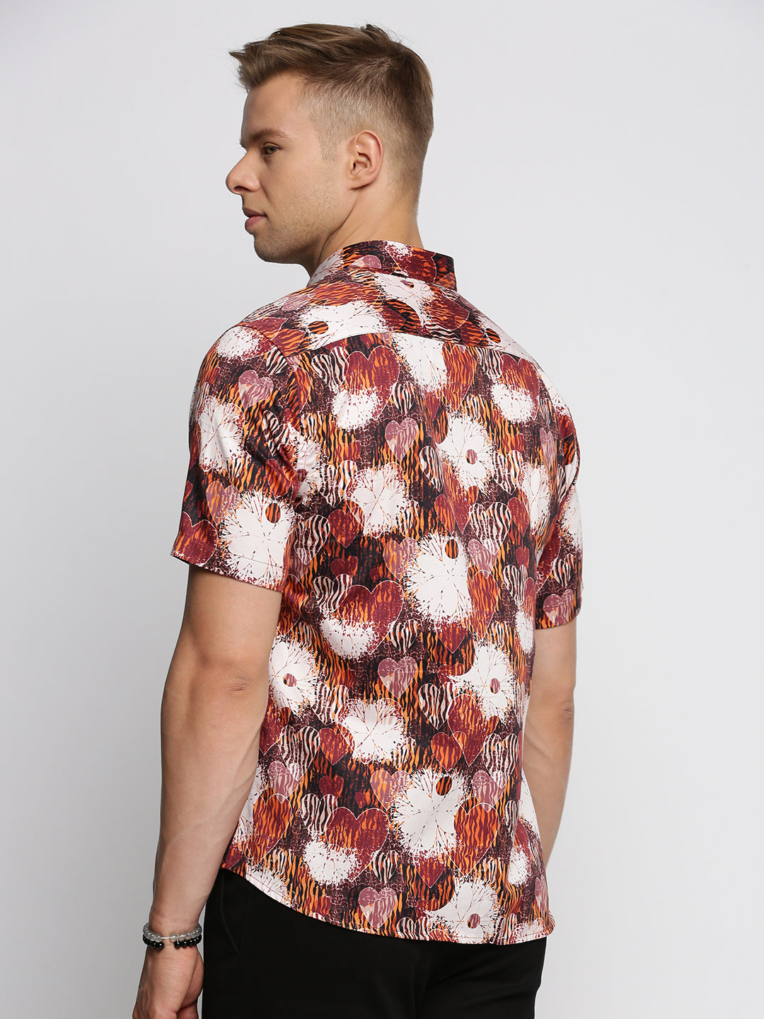 Men Brown Spread Collar Abstract Shirt