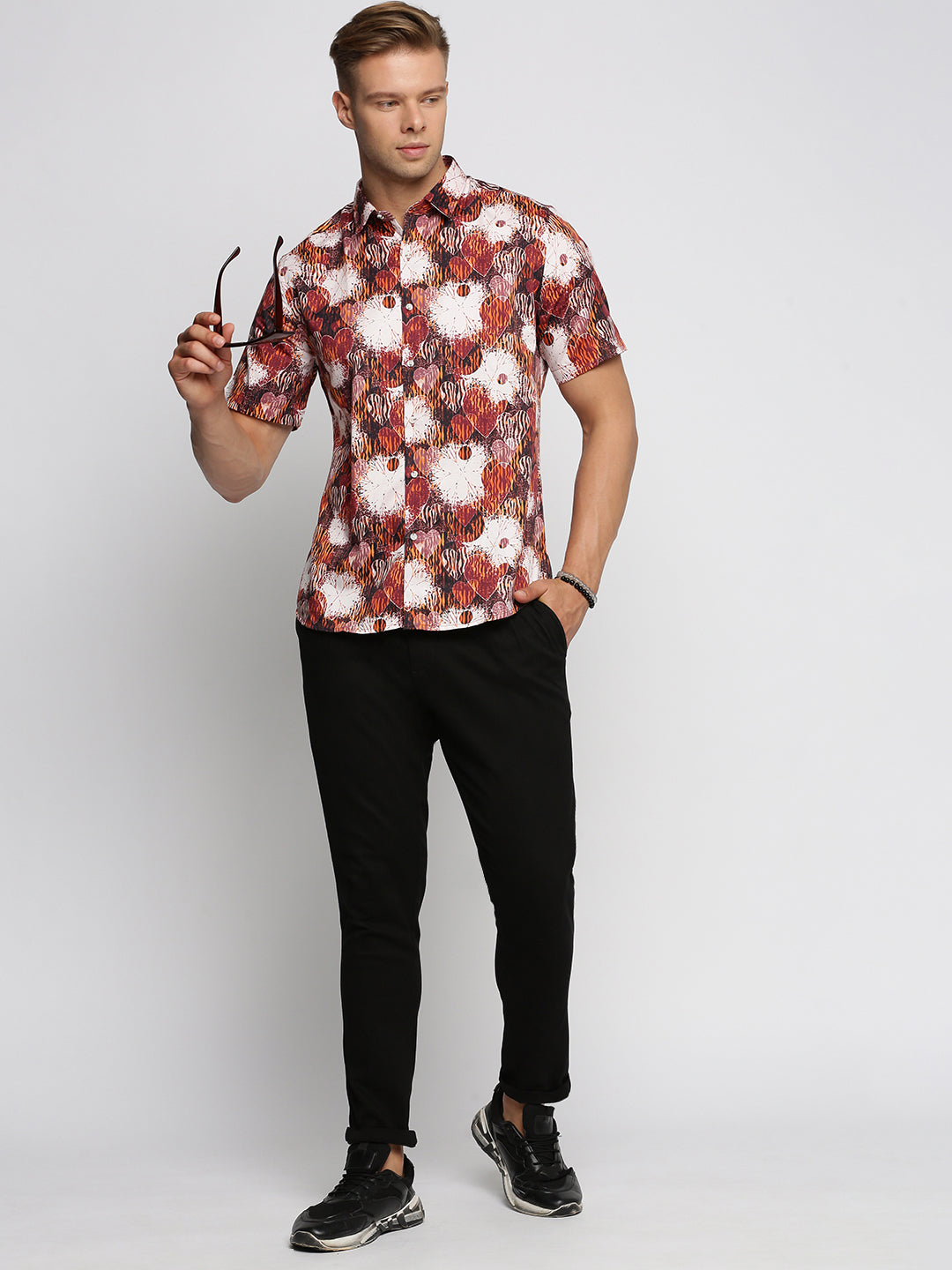 Men Brown Spread Collar Abstract Shirt