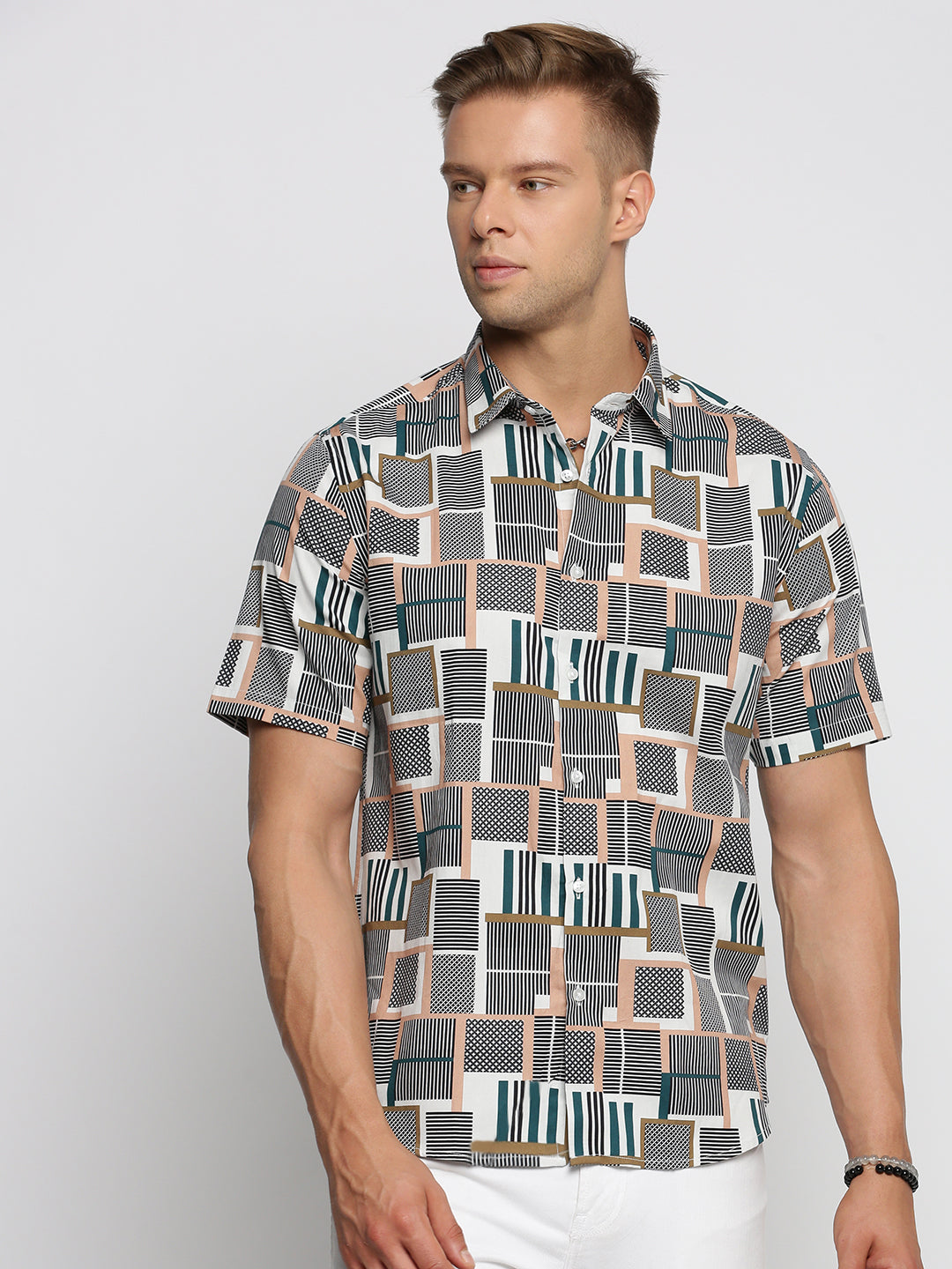 Men Grey Spread Collar Geometric Shirt